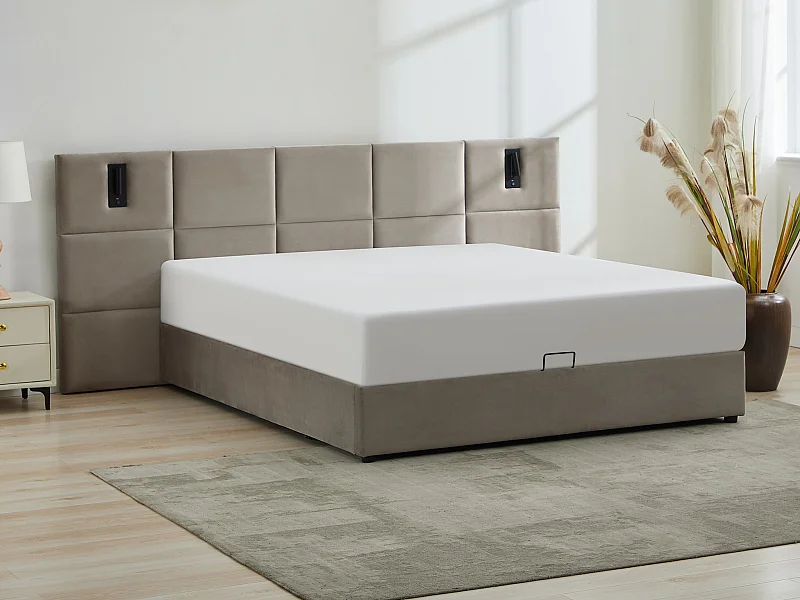 Bed met opbergruimte 180 x 200 cm met hoofdbord en ingebouwde lamp - Velours - Taupegrijs - SARETO