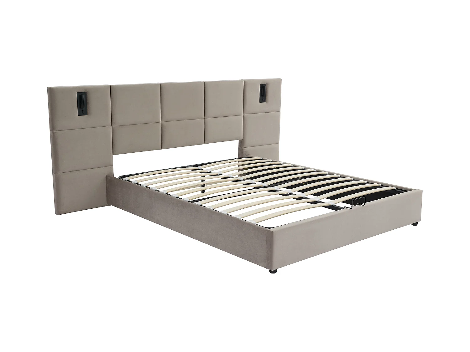 Bed met opbergruimte 180 x 200 cm met hoofdbord en ingebouwde lamp - Velours - Taupegrijs - SARETO