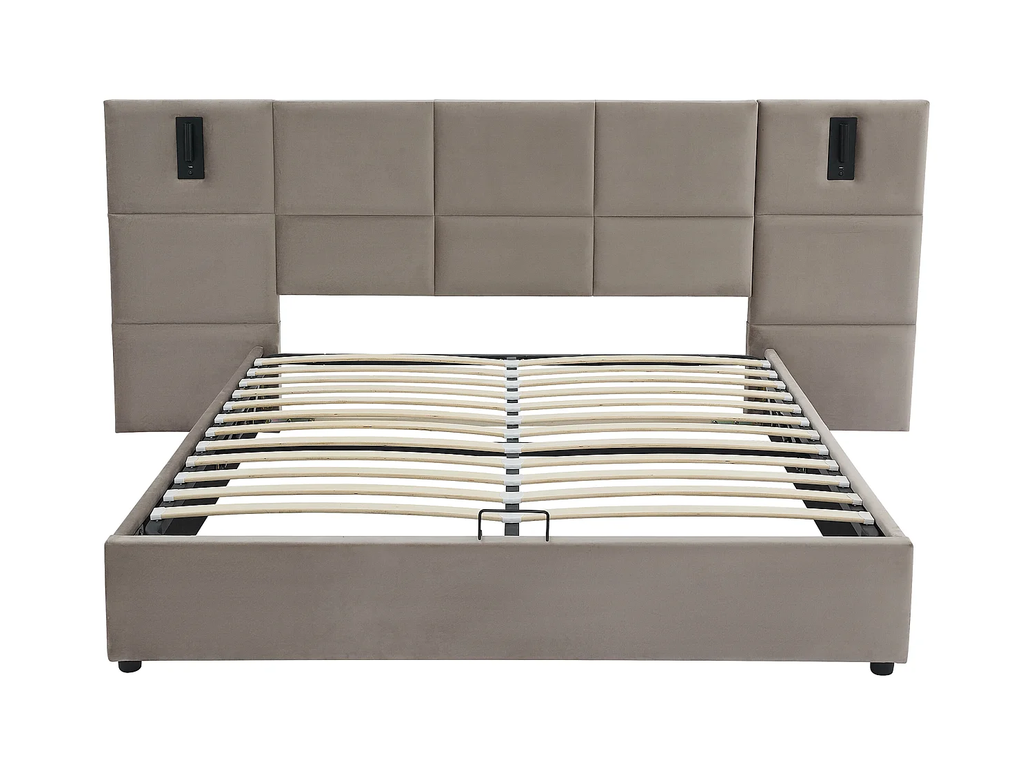 Bed met opbergruimte 180 x 200 cm met hoofdbord en ingebouwde lamp - Velours - Taupegrijs - SARETO