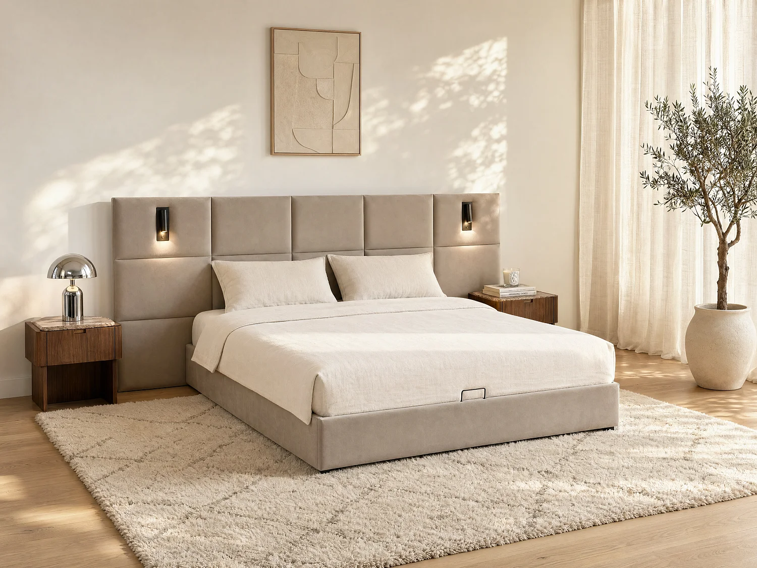 Canapé abatible 180 x 200 cm con cabecero y lámpara integrada - Terciopelo - Topo - SARETO