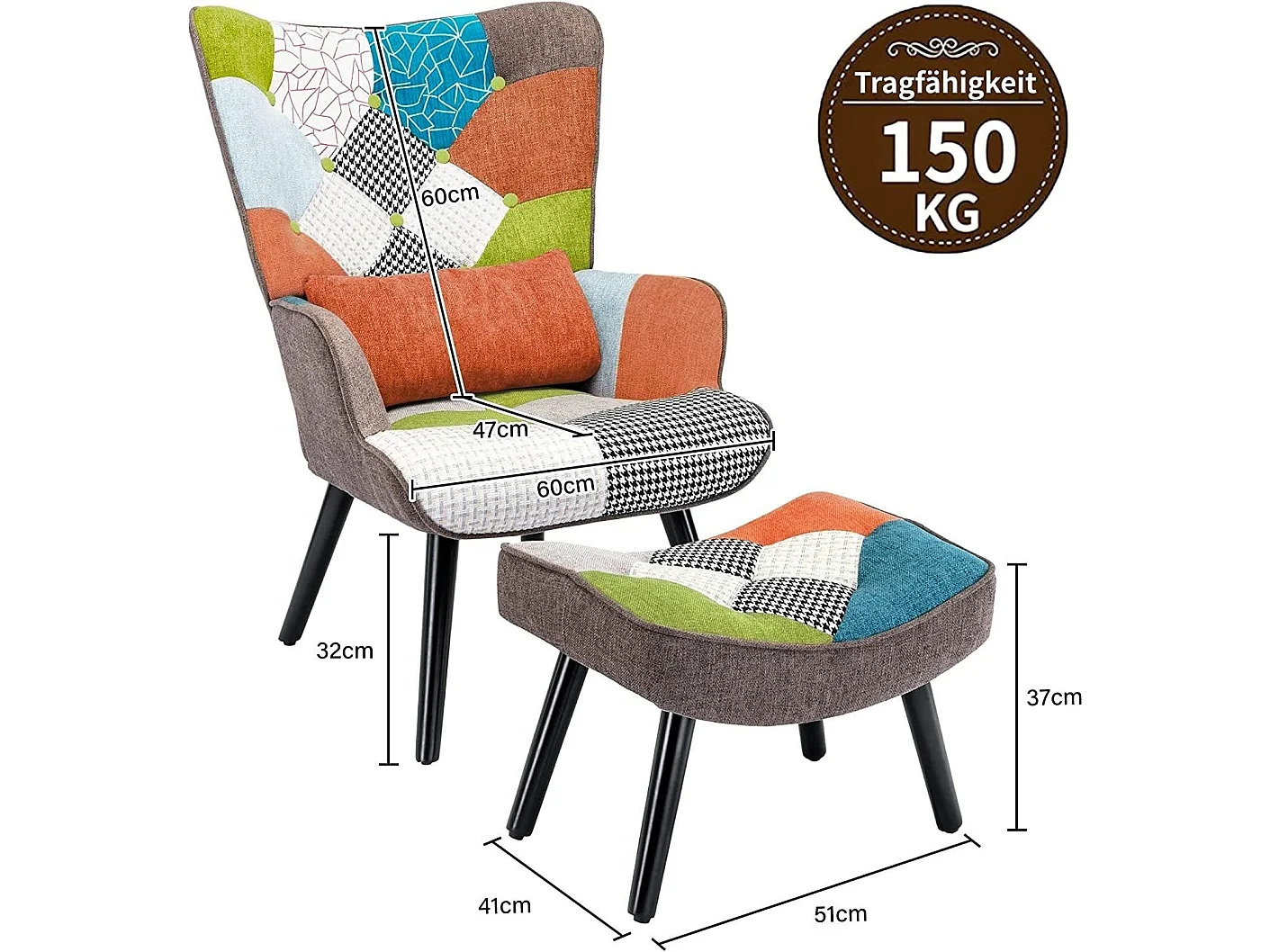 Patchwork loungestoel met voetenbankje in veelkleurige linnen stof, Scandinavische fauteuil van massief hout met lendensteun, linnen