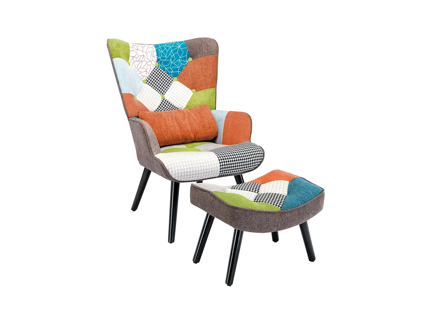 Fauteuil Salon Patchwork met Voetenbank in Multikleur Linnen, Scandinavische Fauteuil van Massief Hout met Lendensteun, Linnen