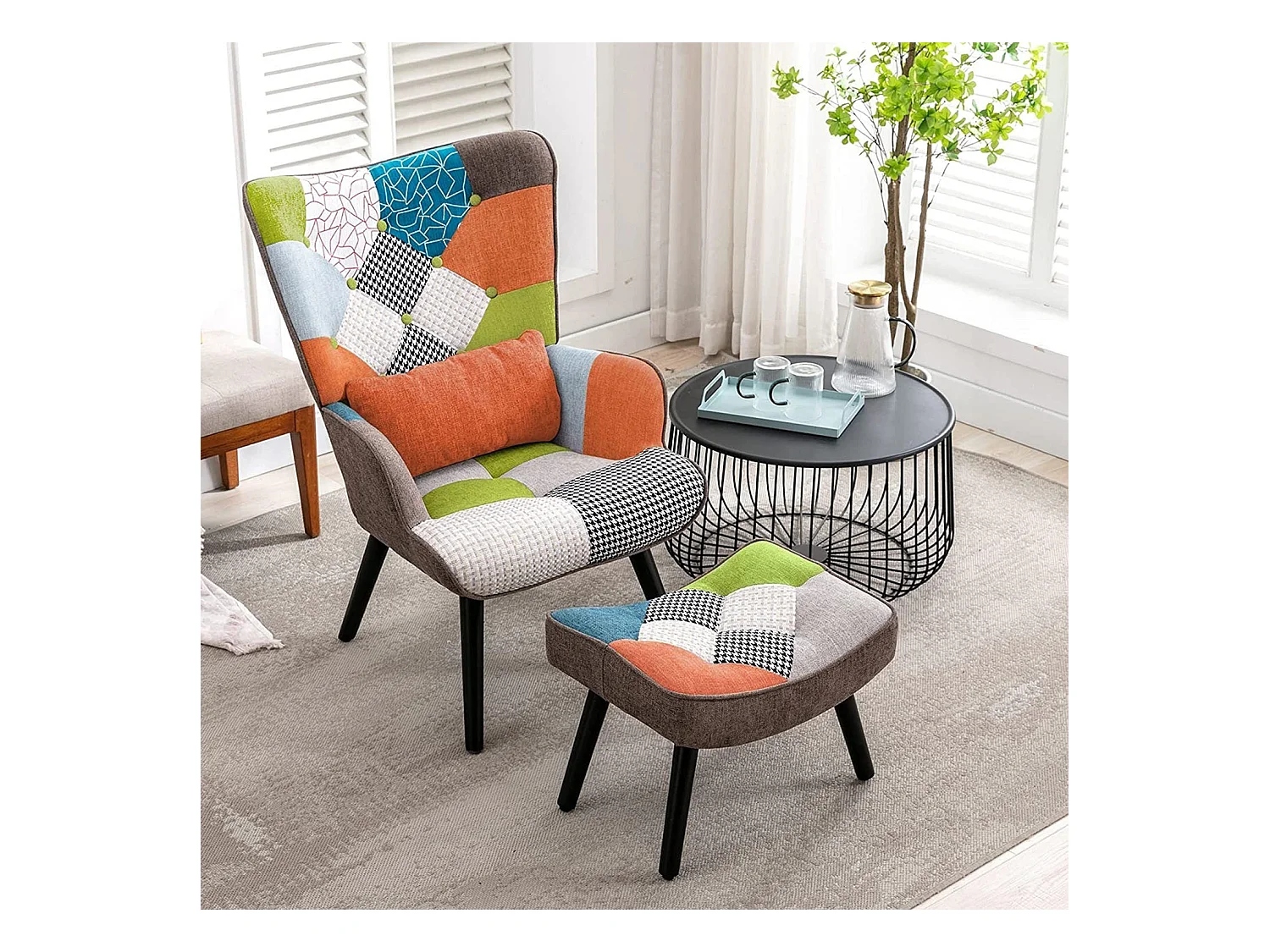 Sillón de relajación con taburetes, sillón de mosaico, sillón de orejas, sillón de habitaciones, colorido