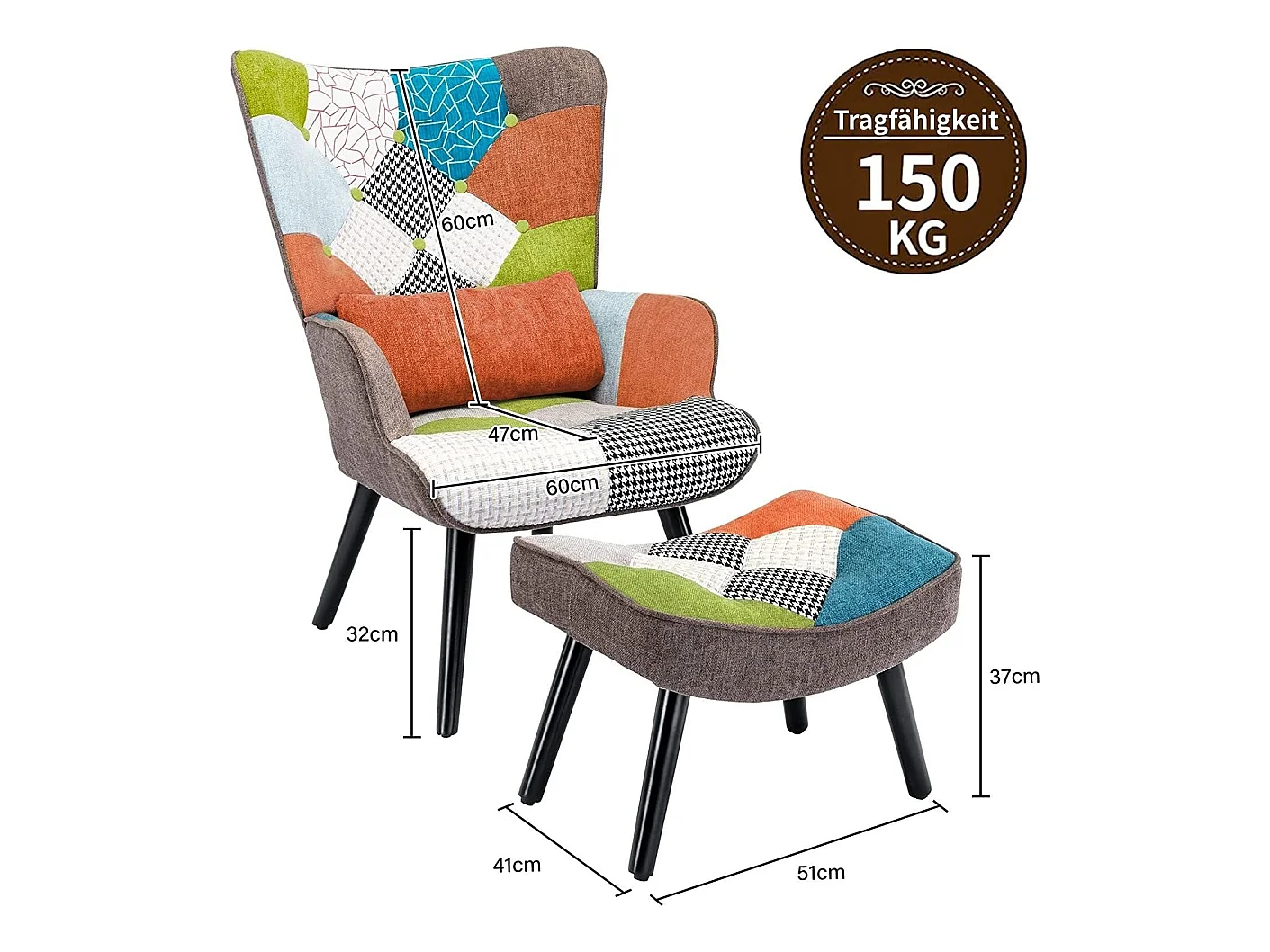 Sillón de relajación con taburetes, sillón de mosaico, sillón de orejas, sillón de habitaciones, colorido