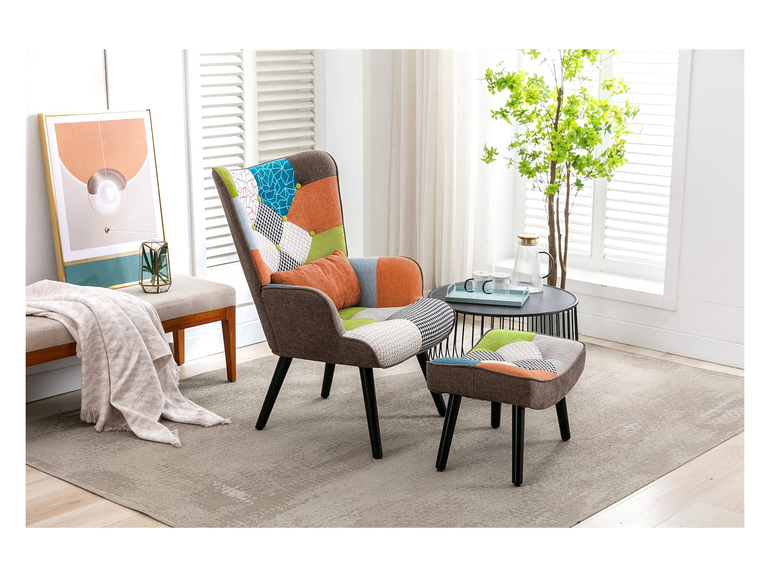 Sillón de relajación con taburetes, sillón de mosaico, sillón de orejas, sillón de habitaciones, colorido