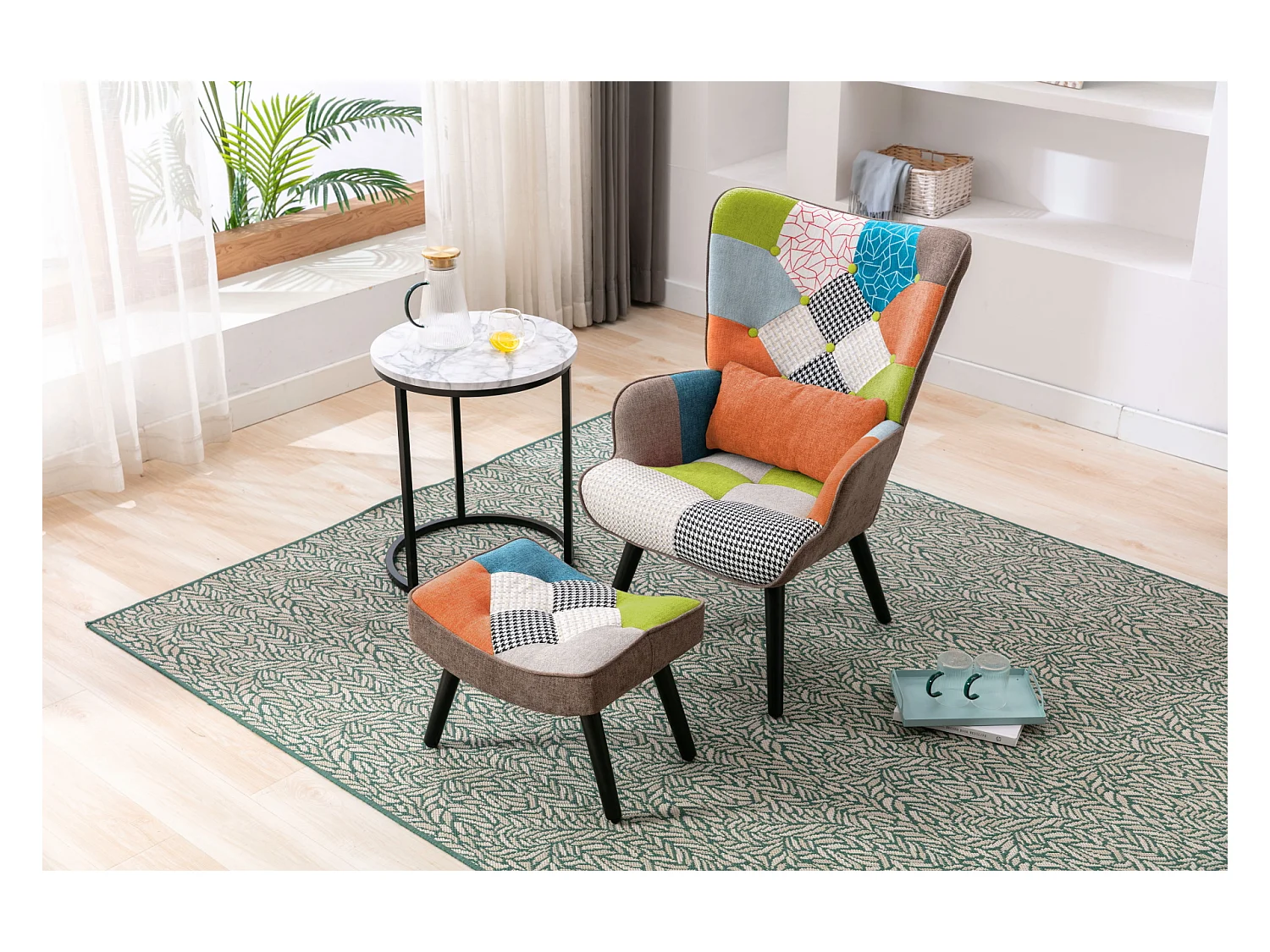 Sillón de relajación con taburetes, sillón de mosaico, sillón de orejas, sillón de habitaciones, colorido