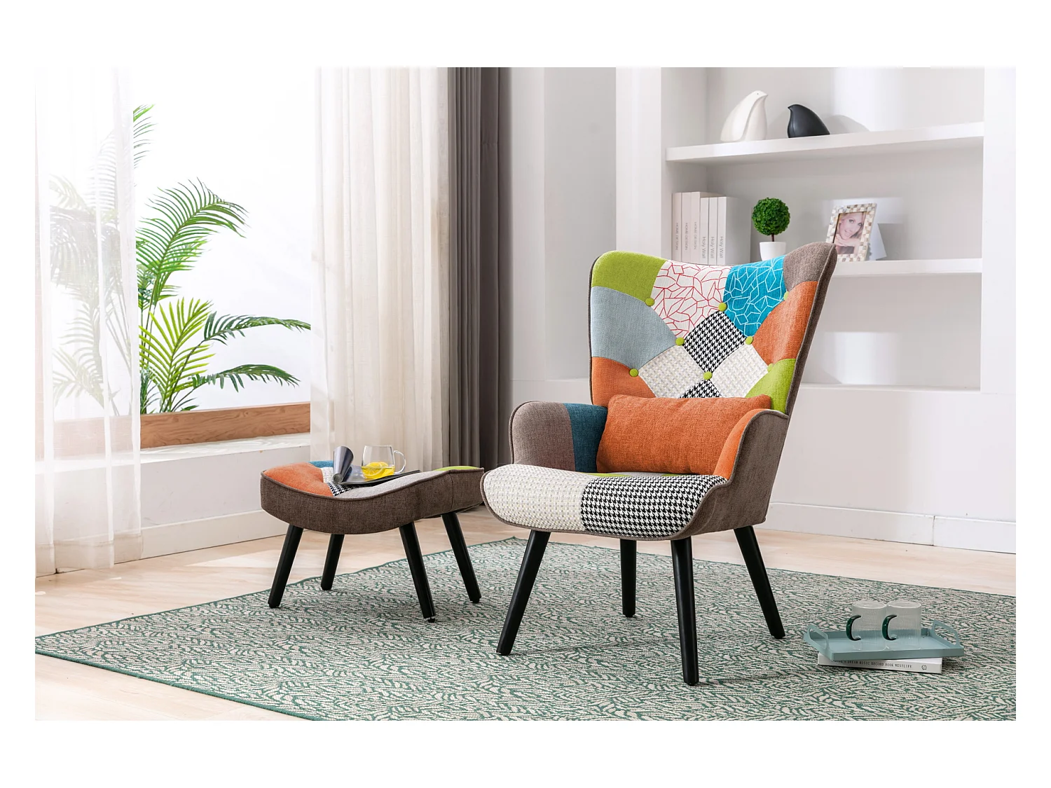 Sillón de relajación con taburetes, sillón de mosaico, sillón de orejas, sillón de habitaciones, colorido