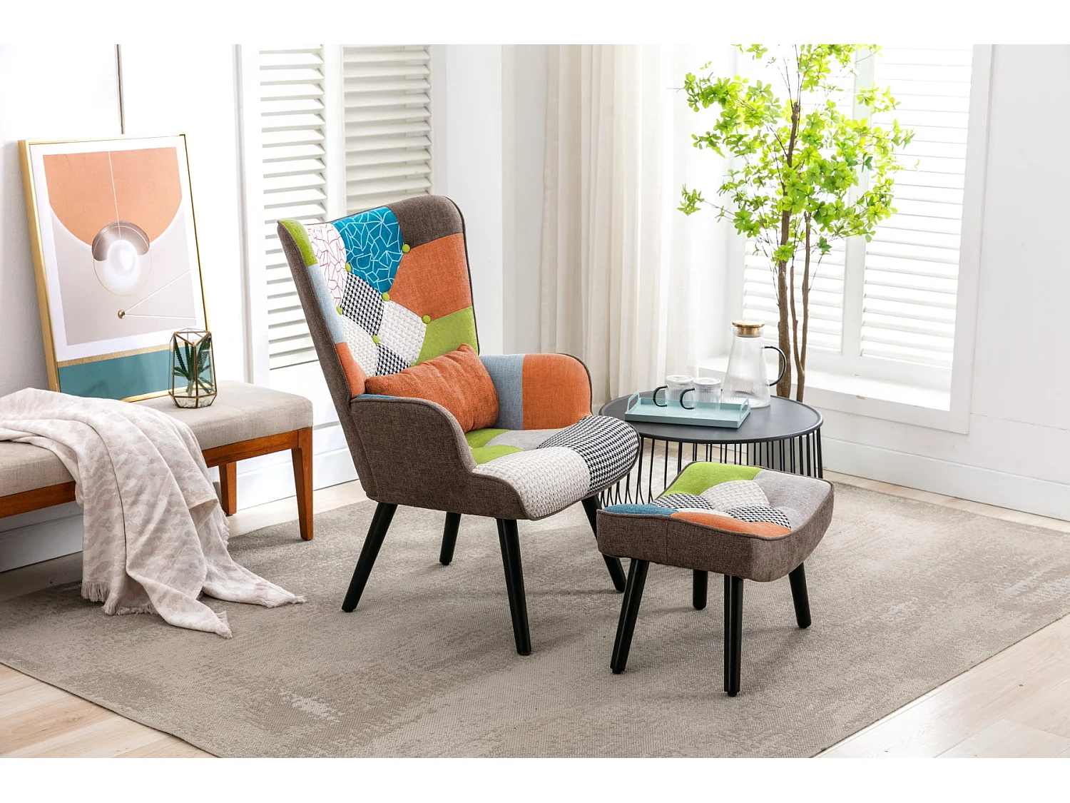 Sillón de relajación con taburetes, sillón de mosaico, sillón de orejas, sillón de habitaciones, colorido