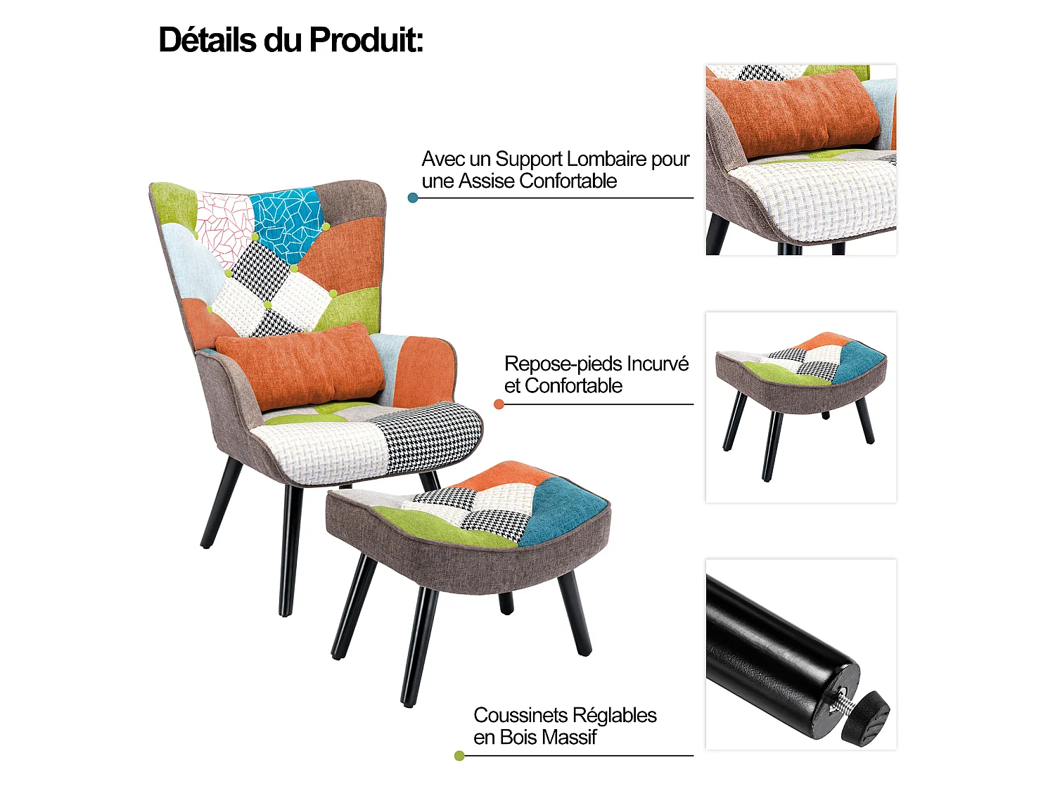 HomeMiYN Fauteuil Salon Scandinave avec Repose-Pieds, Fauteuil Patchwork à Oreilles Design Rétro, Fauteuil de Lecture Confortable avec Accoudoirs pour Salon Chambre