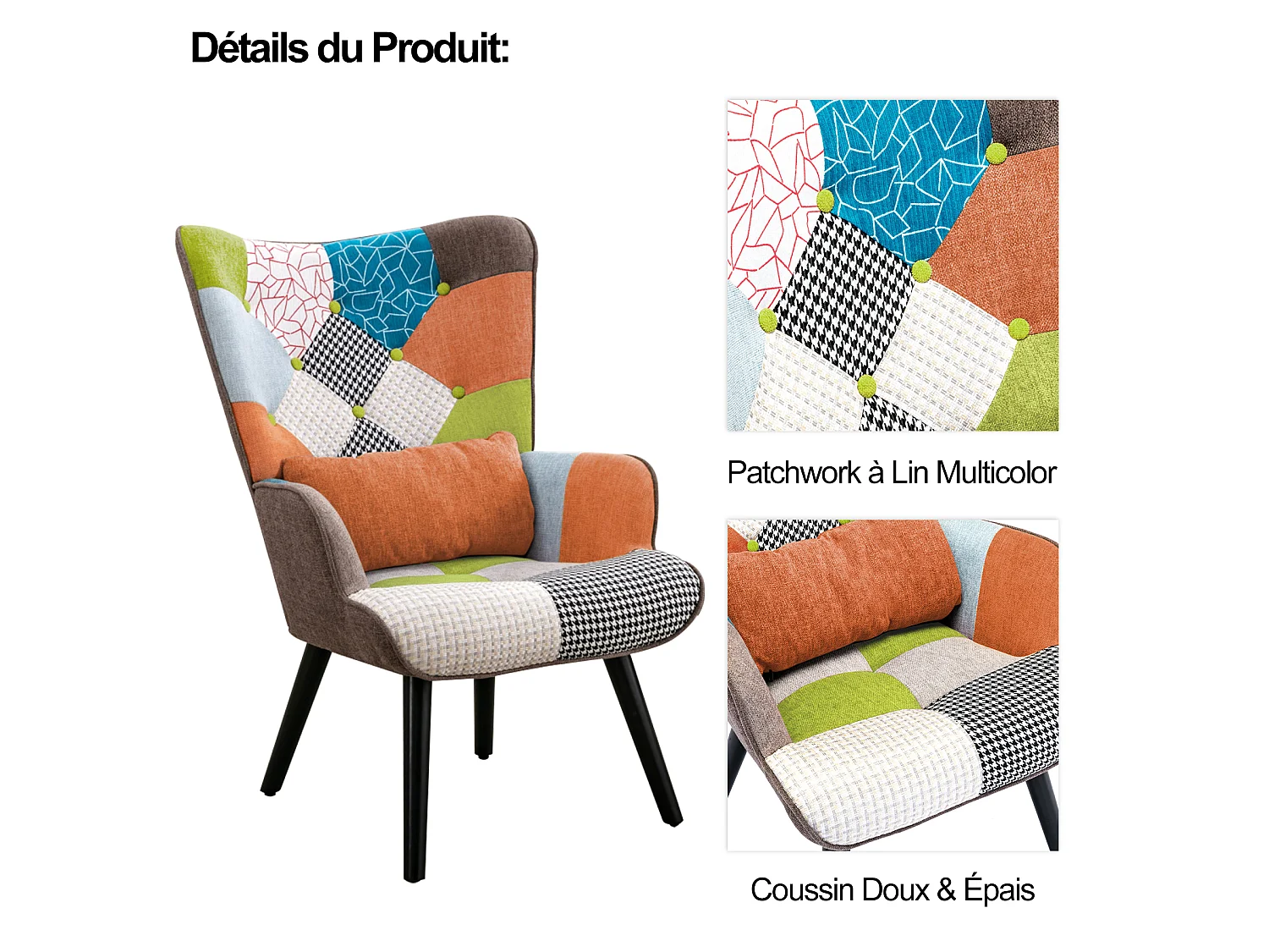 HomeMiYN Fauteuil Salon Scandinave avec Repose-Pieds, Fauteuil Patchwork à Oreilles Design Rétro, Fauteuil de Lecture Confortable avec Accoudoirs pour Salon Chambre