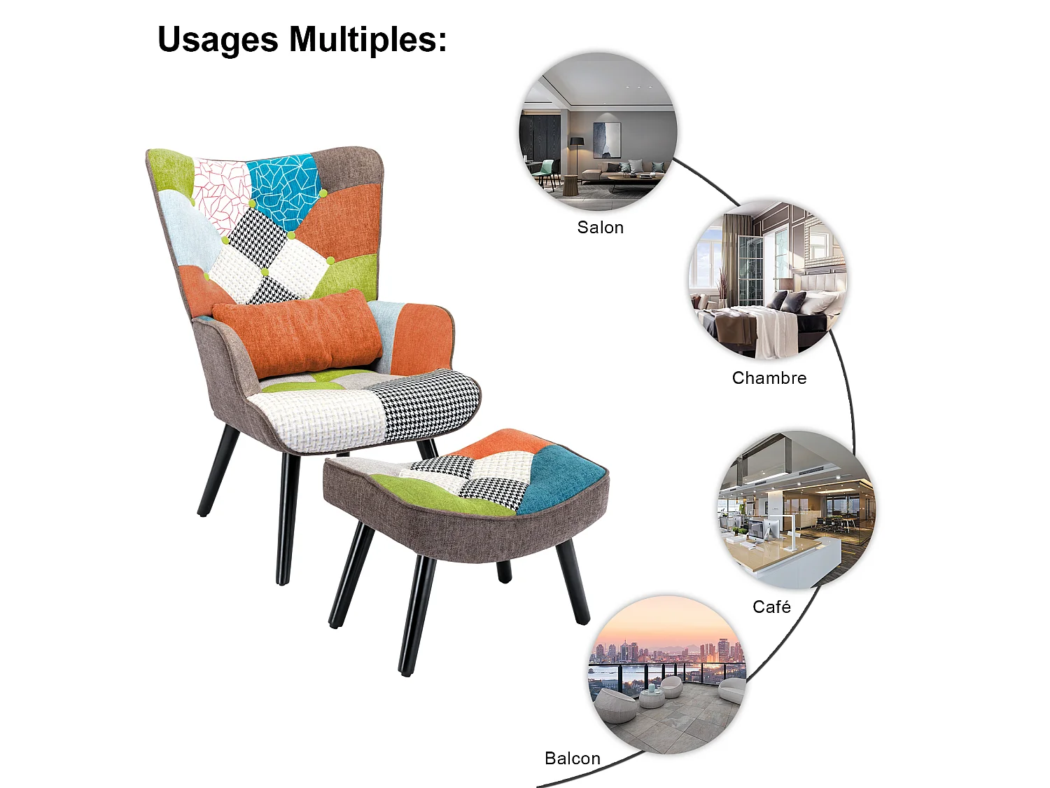 HomeMiYN Fauteuil Salon Scandinave avec Repose-Pieds, Fauteuil Patchwork à Oreilles Design Rétro, Fauteuil de Lecture Confortable avec Accoudoirs pour Salon Chambre