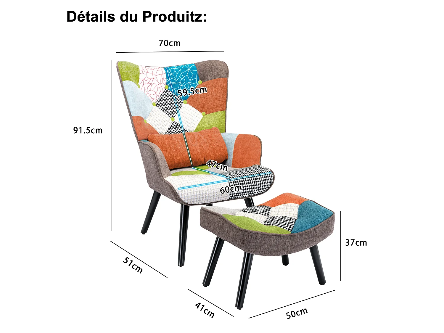HomeMiYN Fauteuil Salon Scandinave avec Repose-Pieds, Fauteuil Patchwork à Oreilles Design Rétro, Fauteuil de Lecture Confortable avec Accoudoirs pour Salon Chambre
