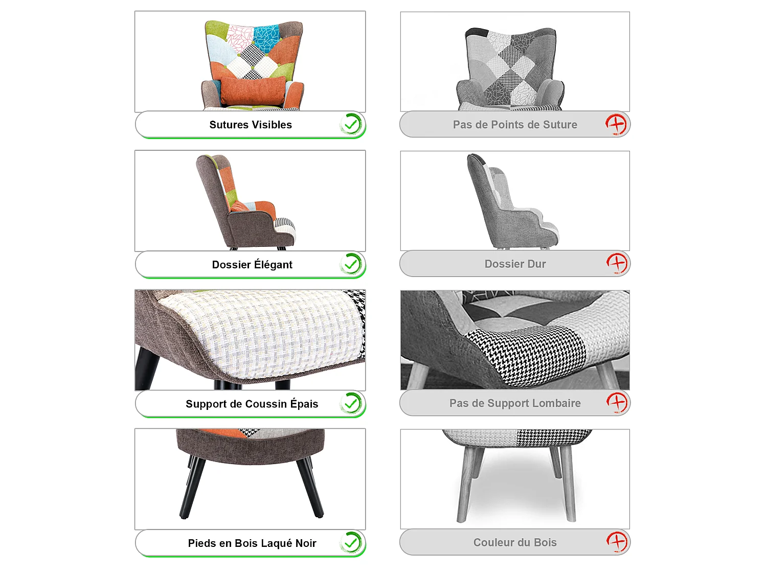 HomeMiYN Fauteuil Salon Scandinave avec Repose-Pieds, Fauteuil Patchwork à Oreilles Design Rétro, Fauteuil de Lecture Confortable avec Accoudoirs pour Salon Chambre