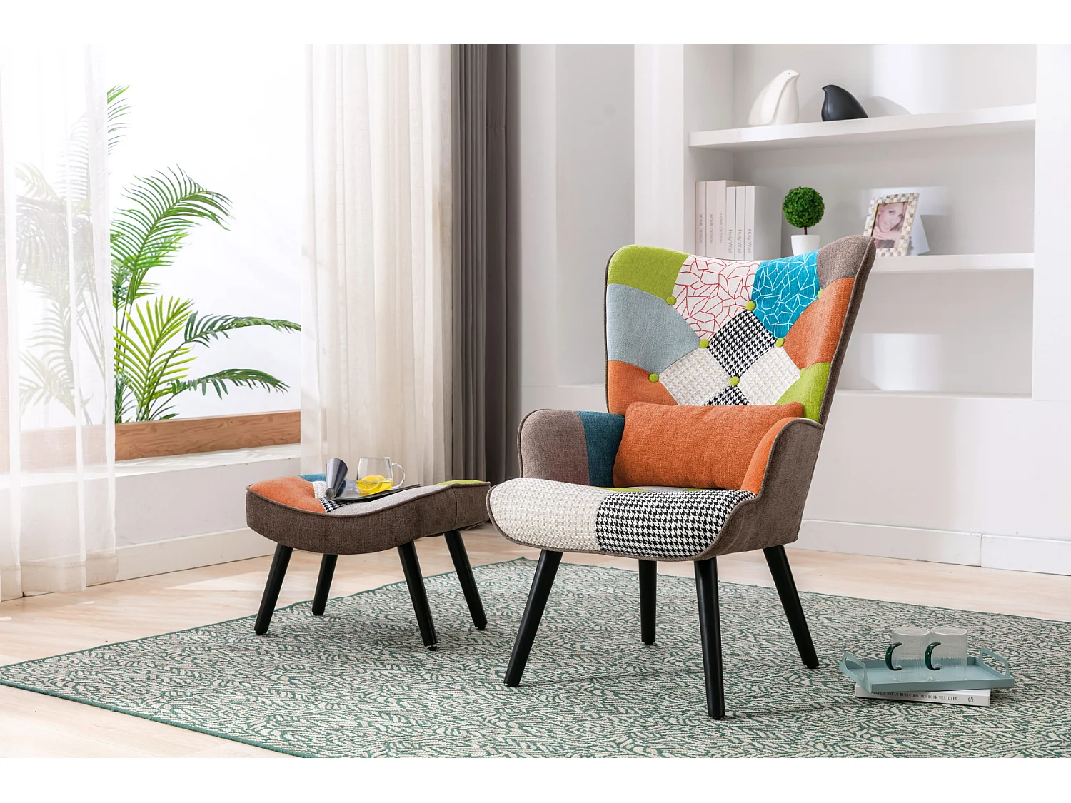 HomeMiYN Fauteuil Salon Scandinave avec Repose-Pieds, Fauteuil Patchwork à Oreilles Design Rétro, Fauteuil de Lecture Confortable avec Accoudoirs pour Salon Chambre