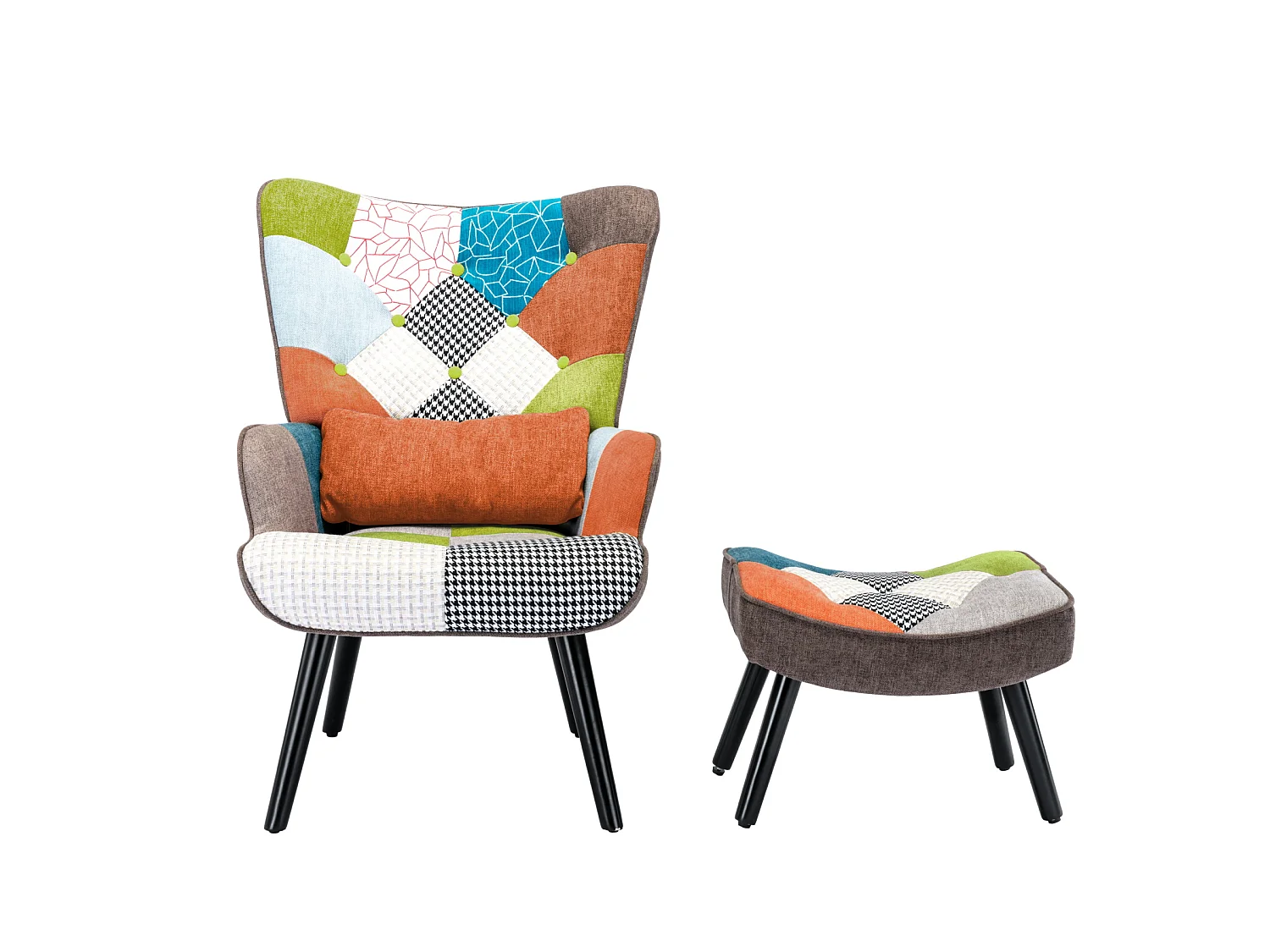 HomeMiYN Fauteuil Salon Scandinave avec Repose-Pieds, Fauteuil Patchwork à Oreilles Design Rétro, Fauteuil de Lecture Confortable avec Accoudoirs pour Salon Chambre