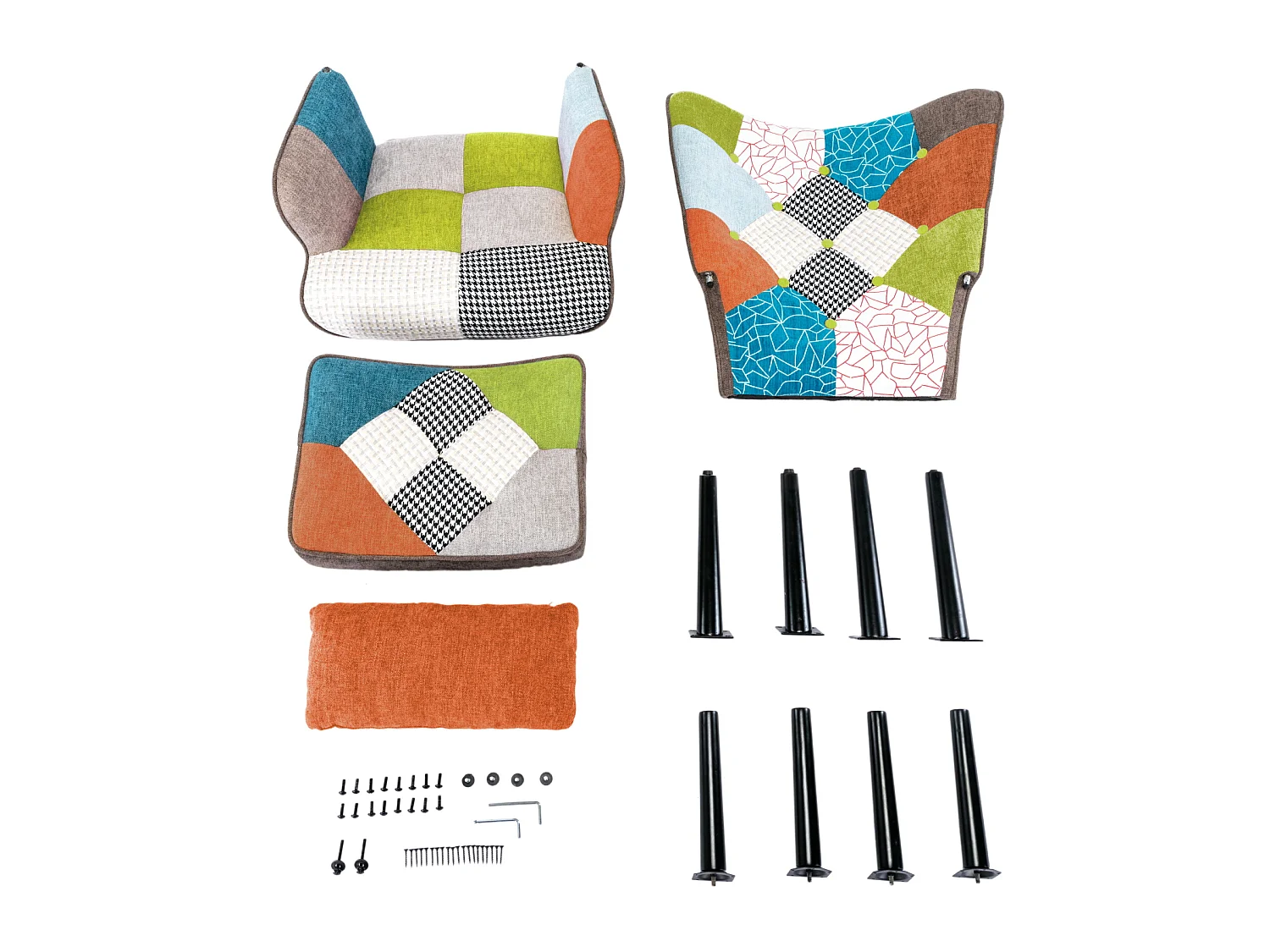 HomeMiYN Fauteuil Salon Scandinave avec Repose-Pieds, Fauteuil Patchwork à Oreilles Design Rétro, Fauteuil de Lecture Confortable avec Accoudoirs pour Salon Chambre