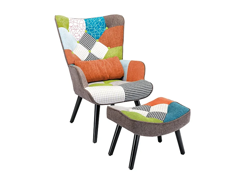 Fauteuil Salon Patchwork avec Repose Pieds en Tissu Lin Multicouleur, Fauteuil Scandinave en Bois Massif avec Support Lombaire, Lin