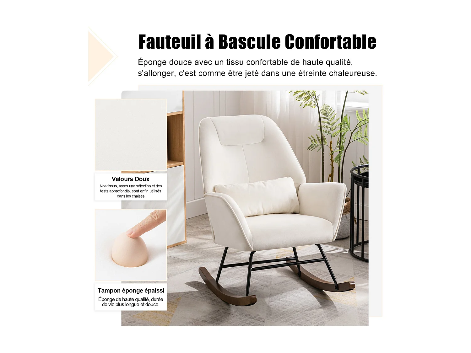 Fauteuil à Bascule en Velours Rembourré avec Support Lombaire,  Fauteuil Allaitement à Bascule pour Salon, Chambre d'enfant, Beige