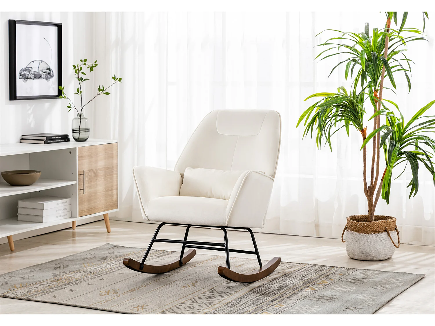 Fauteuil à Bascule en Velours Rembourré avec Support Lombaire,  Fauteuil Allaitement à Bascule pour Salon, Chambre d'enfant, Beige