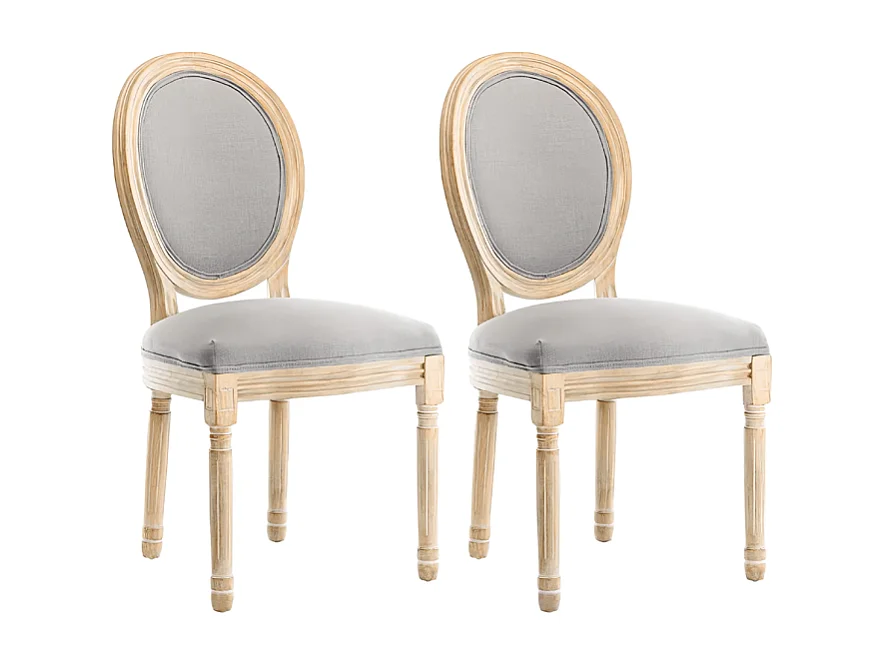 Lot de 2 chaises de salle à manger - Chaise médaillon style Louis XVI en bois massif sculpté et patiné - Tissu lin gris - Style rétro élégant