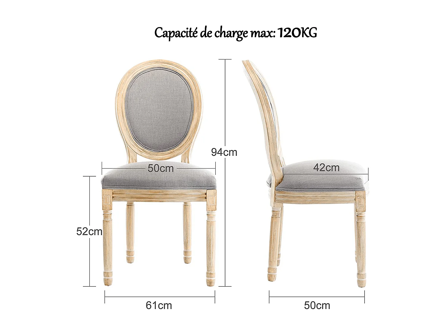 Lot de 2 chaises de salle à manger - Chaise médaillon style Louis XVI en bois massif sculpté et patiné - Tissu lin gris - Style rétro élégant
