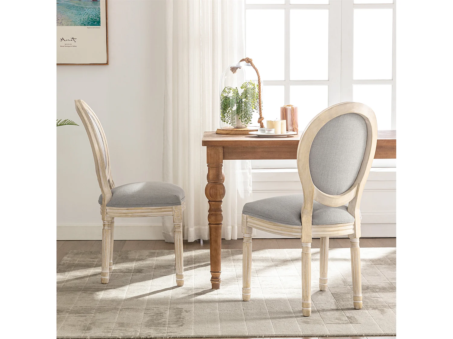 Lot de 2 chaises de salle à manger - Chaise médaillon style Louis XVI en bois massif sculpté et patiné - Tissu lin gris - Style rétro élégant