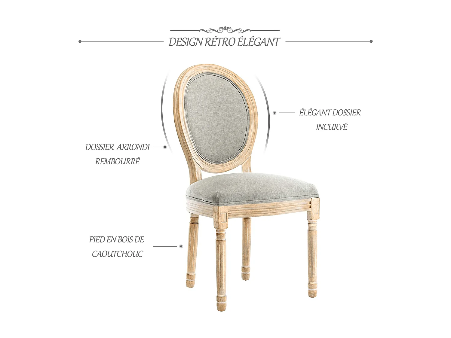 Lot de 2 chaises de salle à manger - Chaise médaillon style Louis XVI en bois massif sculpté et patiné - Tissu lin gris - Style rétro élégant