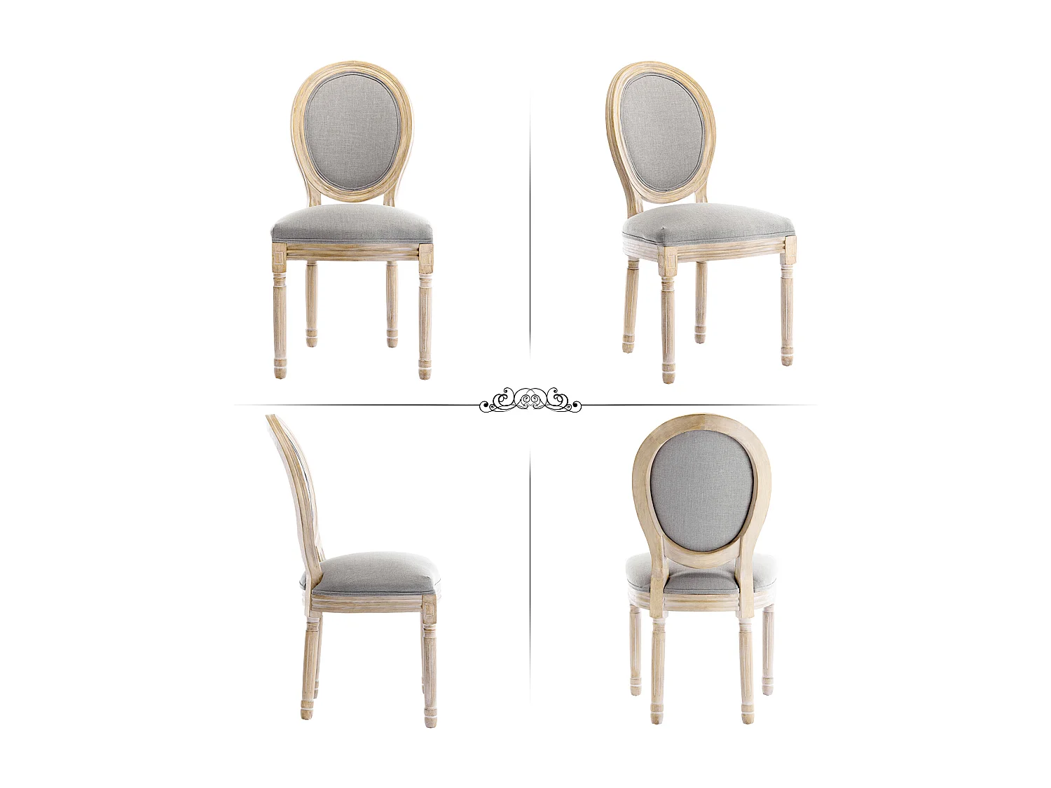 Lot de 2 chaises de salle à manger - Chaise médaillon style Louis XVI en bois massif sculpté et patiné - Tissu lin gris - Style rétro élégant