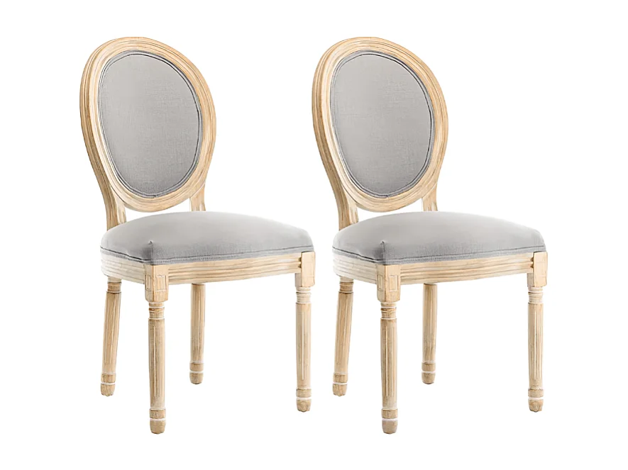 Lot de 2 chaises de salle à manger - Chaise médaillon style Louis XVI en bois massif sculpté et patiné - Tissu lin gris - Style rétro élégant