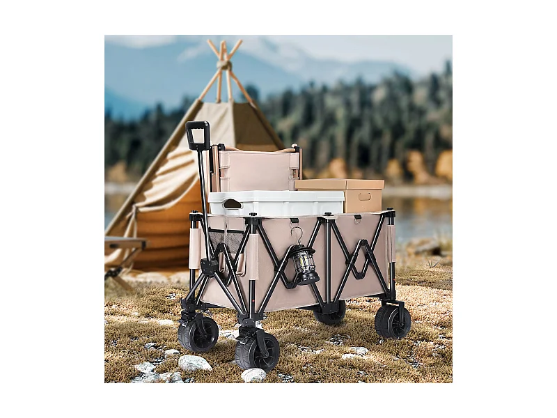 Opvouwbare transportkar met remmen, 150 kg tuinkar met afneembare banden, terreinwagen, kampeerkar, lichtbruin