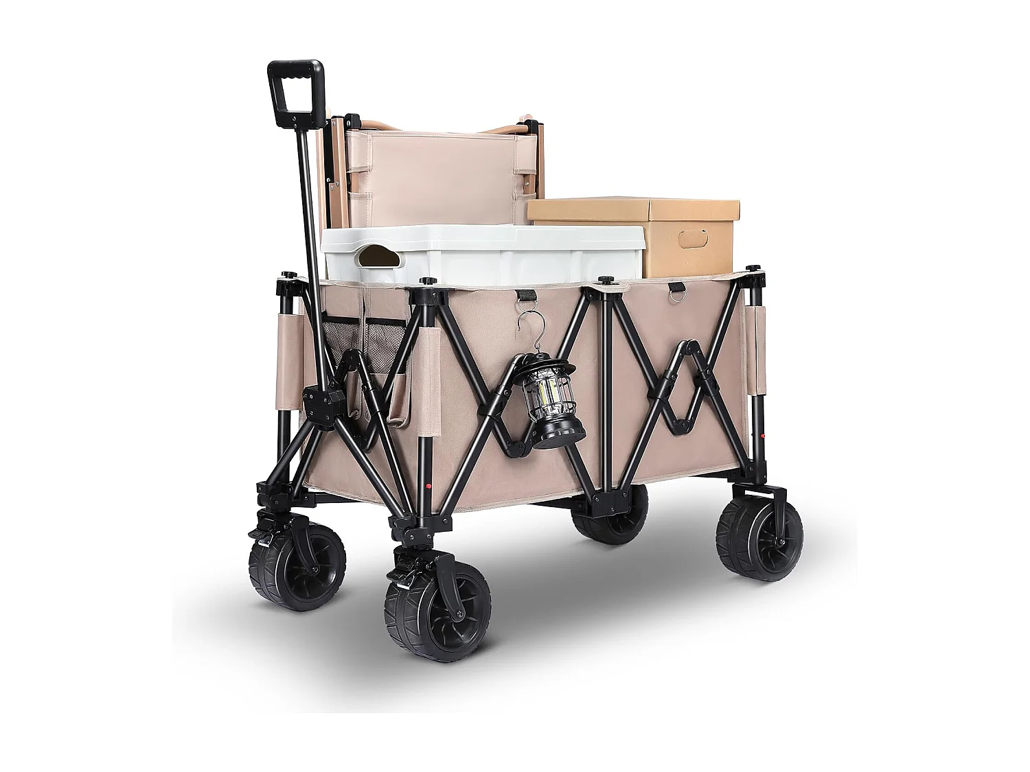 Chariot de Transport Pliable avec Freins, Chariot de Jardin de 150KG Pneus amovible, tout-terrain, Chariot pour Camping, Brun clair