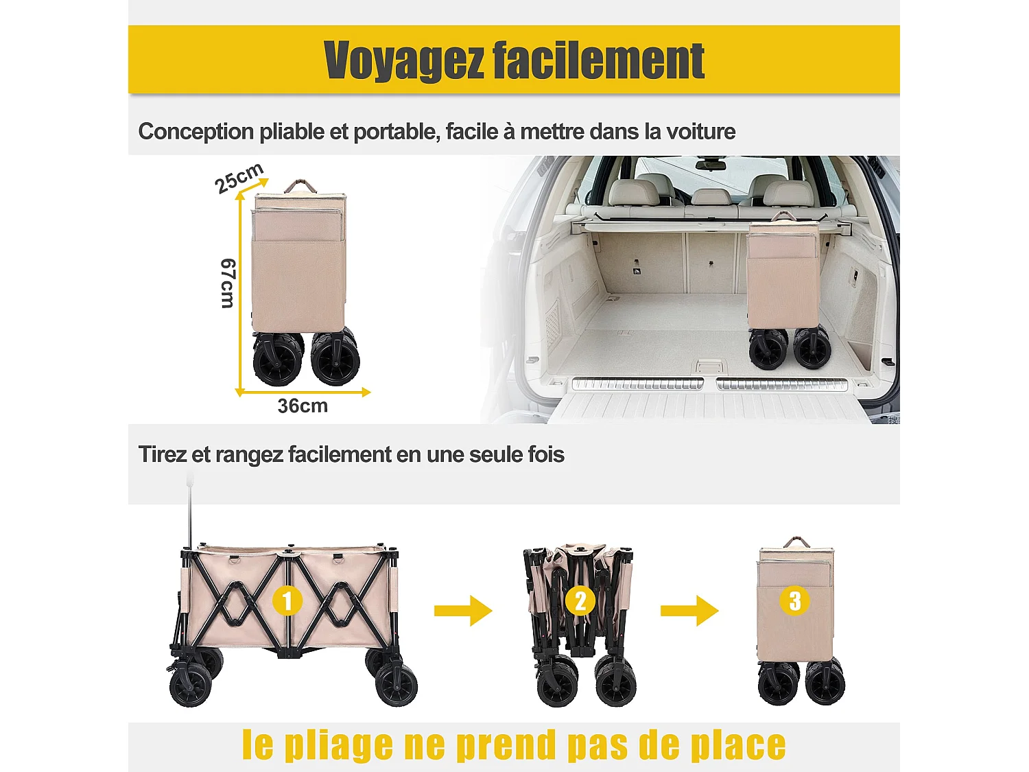 Opvouwbare transportkar met remmen, 150 kg tuinkar met afneembare banden, terreinwagen, kampeerkar, lichtbruin