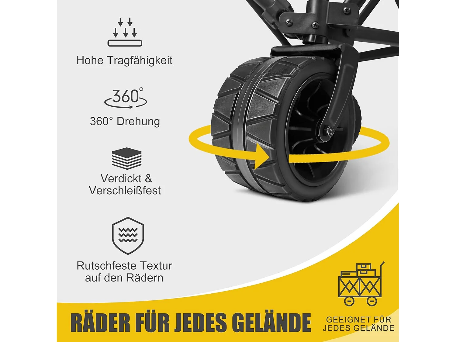 Opvouwbare transportkar met remmen, 150 kg tuinkar met afneembare banden, terreinwagen, kampeerkar, lichtbruin