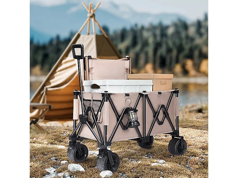 Faltbare Transportkarre mit Bremse, 150 kg Gartenkarre mit abnehmbaren Reifen, Geländewagen, Campingkarre, Hellbraun