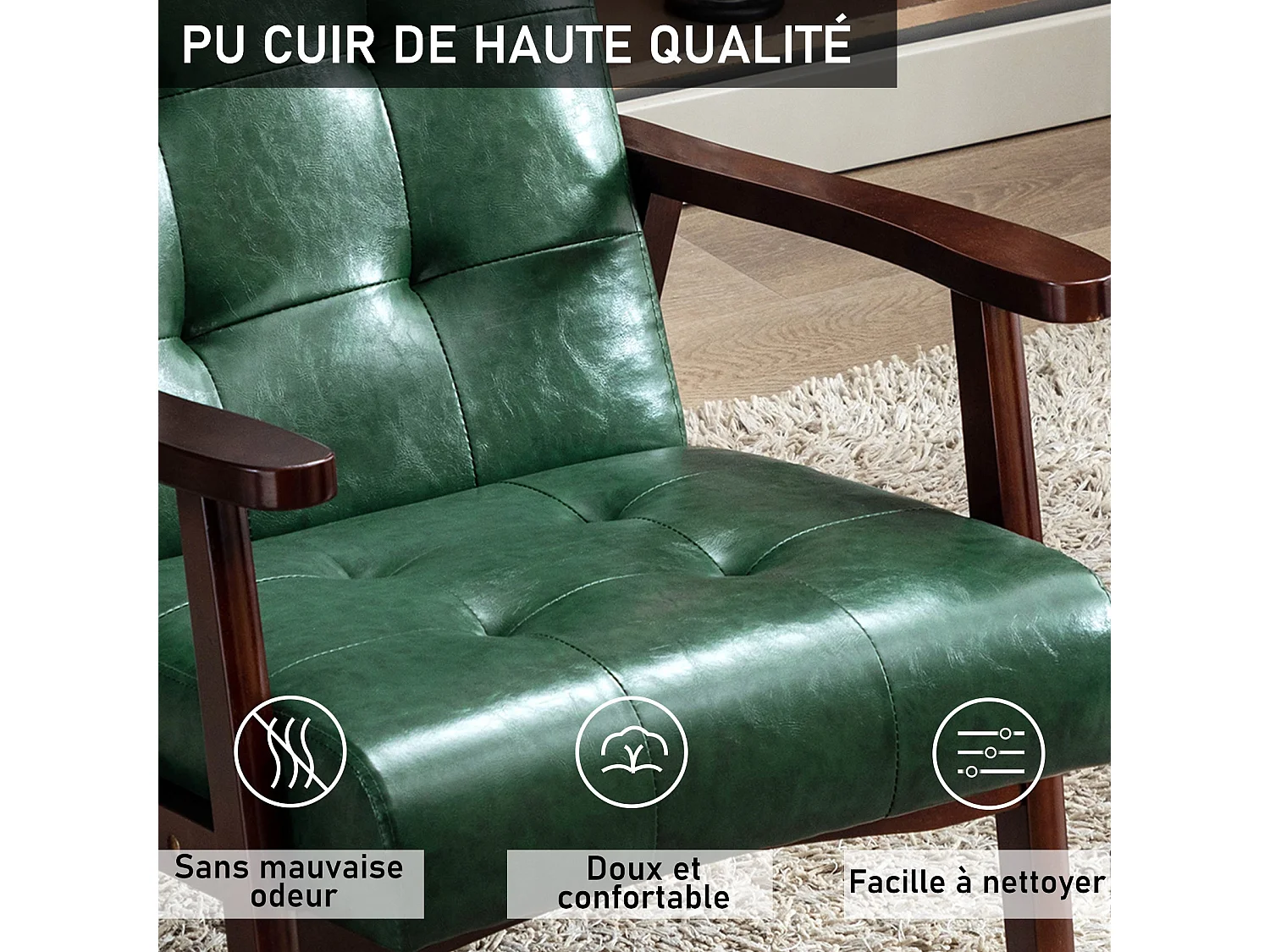 Fauteuil en bois au design scandinave et cuir Vert-L 67 x L 76 x H 76 cm