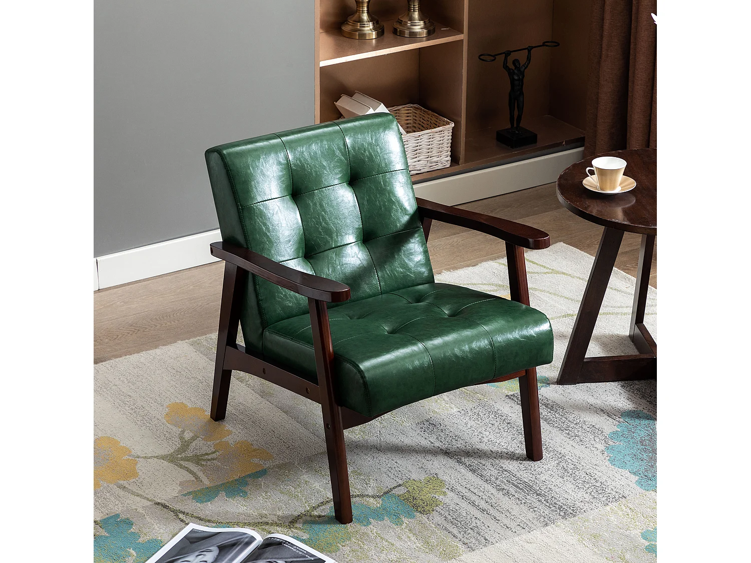 Fauteuil en bois au design scandinave et cuir Vert-L 67 x L 76 x H 76 cm