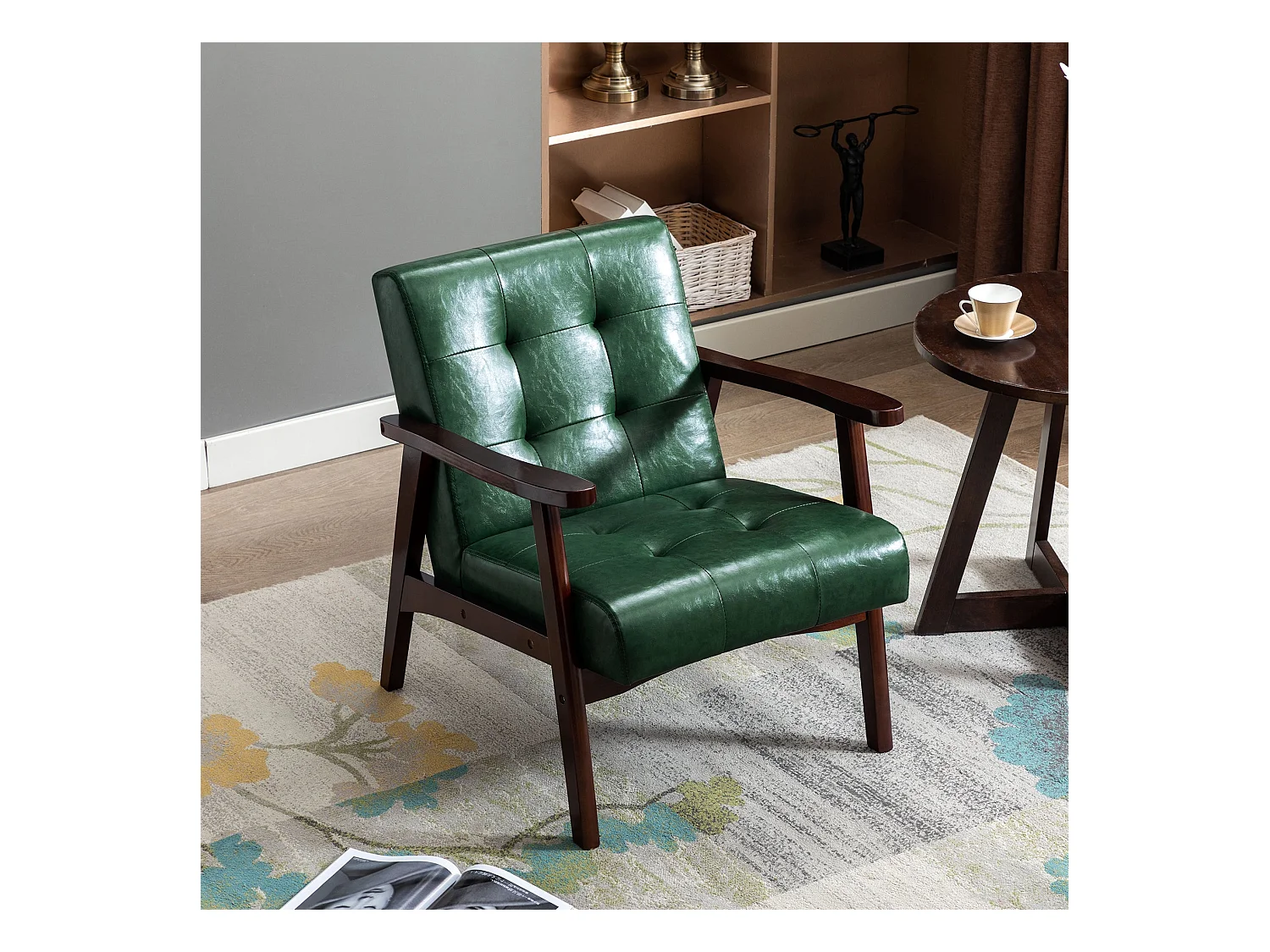 Scandinavisch design houten fauteuil met groen leer - L 67 x B 76 x H 76 cm