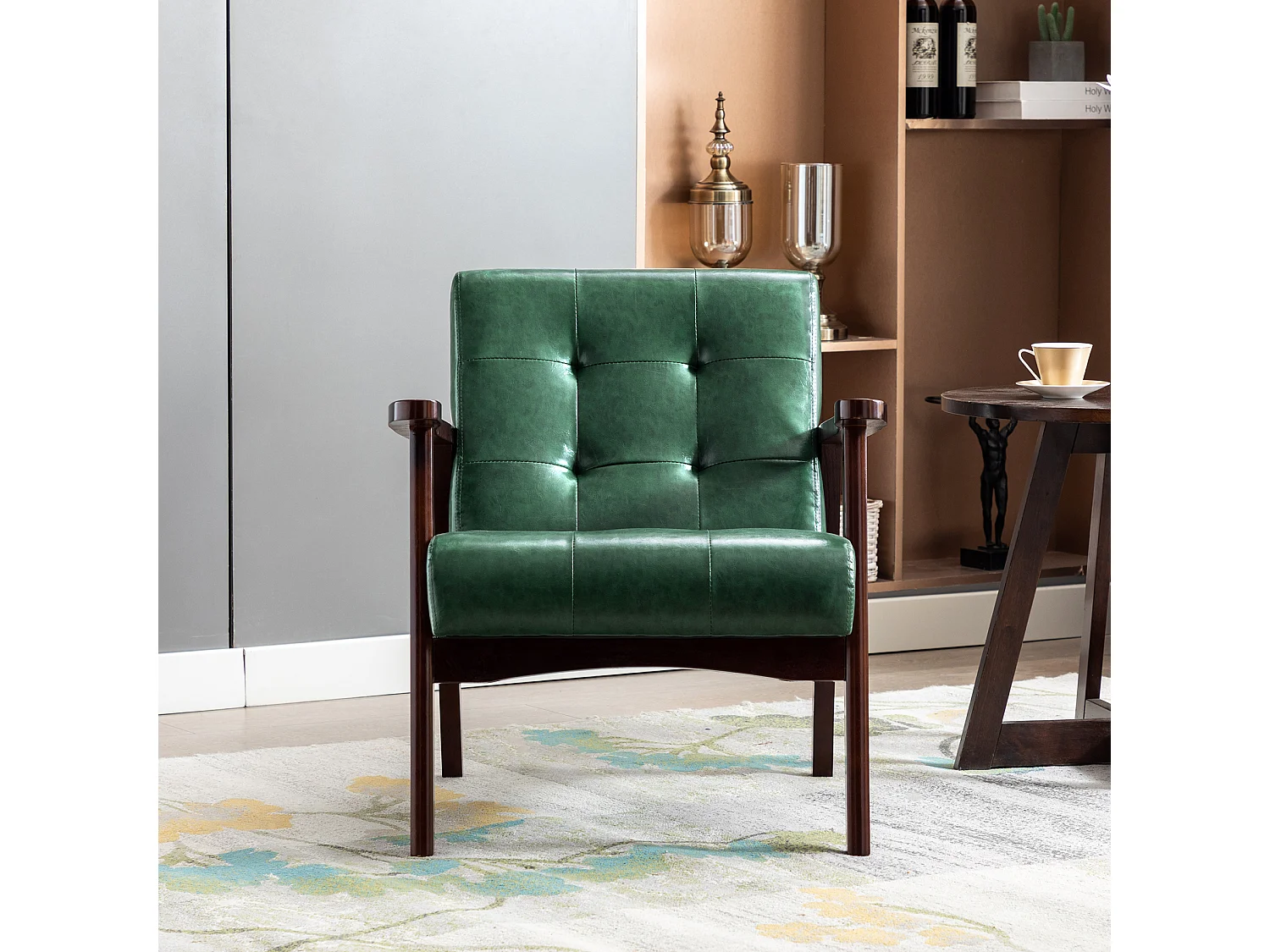 Scandinavisch design houten fauteuil met groen leer - L 67 x B 76 x H 76 cm