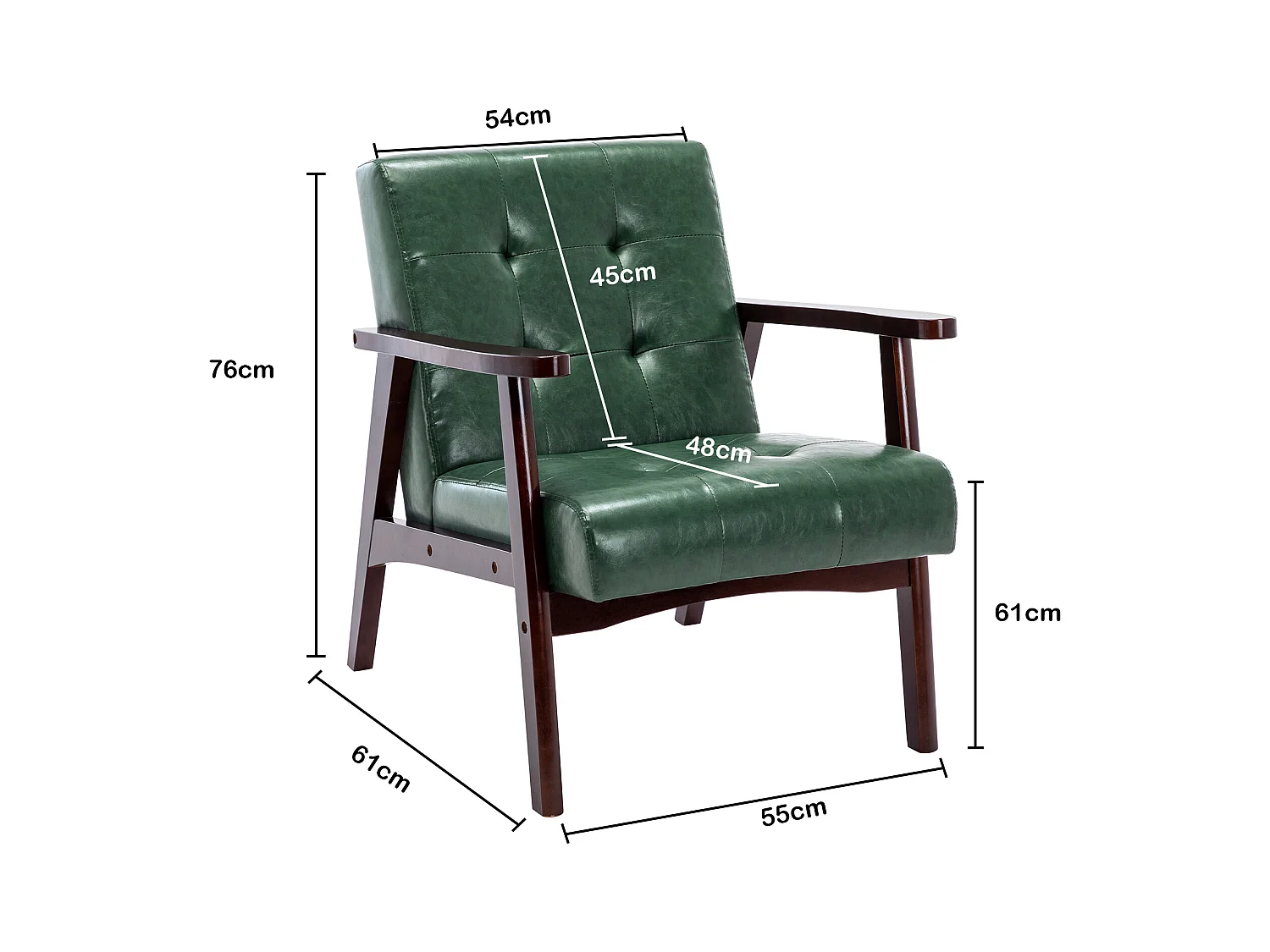 Scandinavisch design houten fauteuil met groen leer - L 67 x B 76 x H 76 cm
