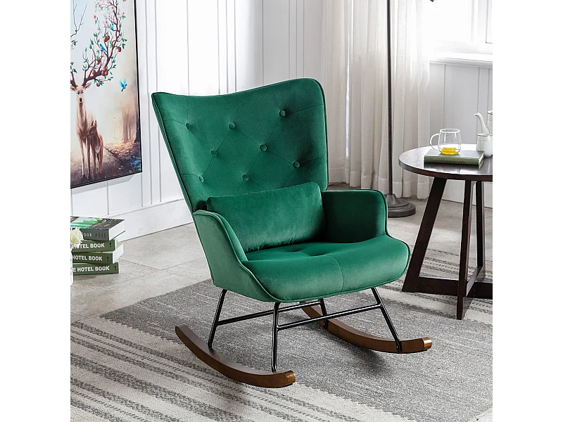 Fauteuil à Bascule  Rembourré en Velours Moderne  pour Salon, Chaise à Bascule à Dossier Haut avec Pieds en Bois, Vert Foncé