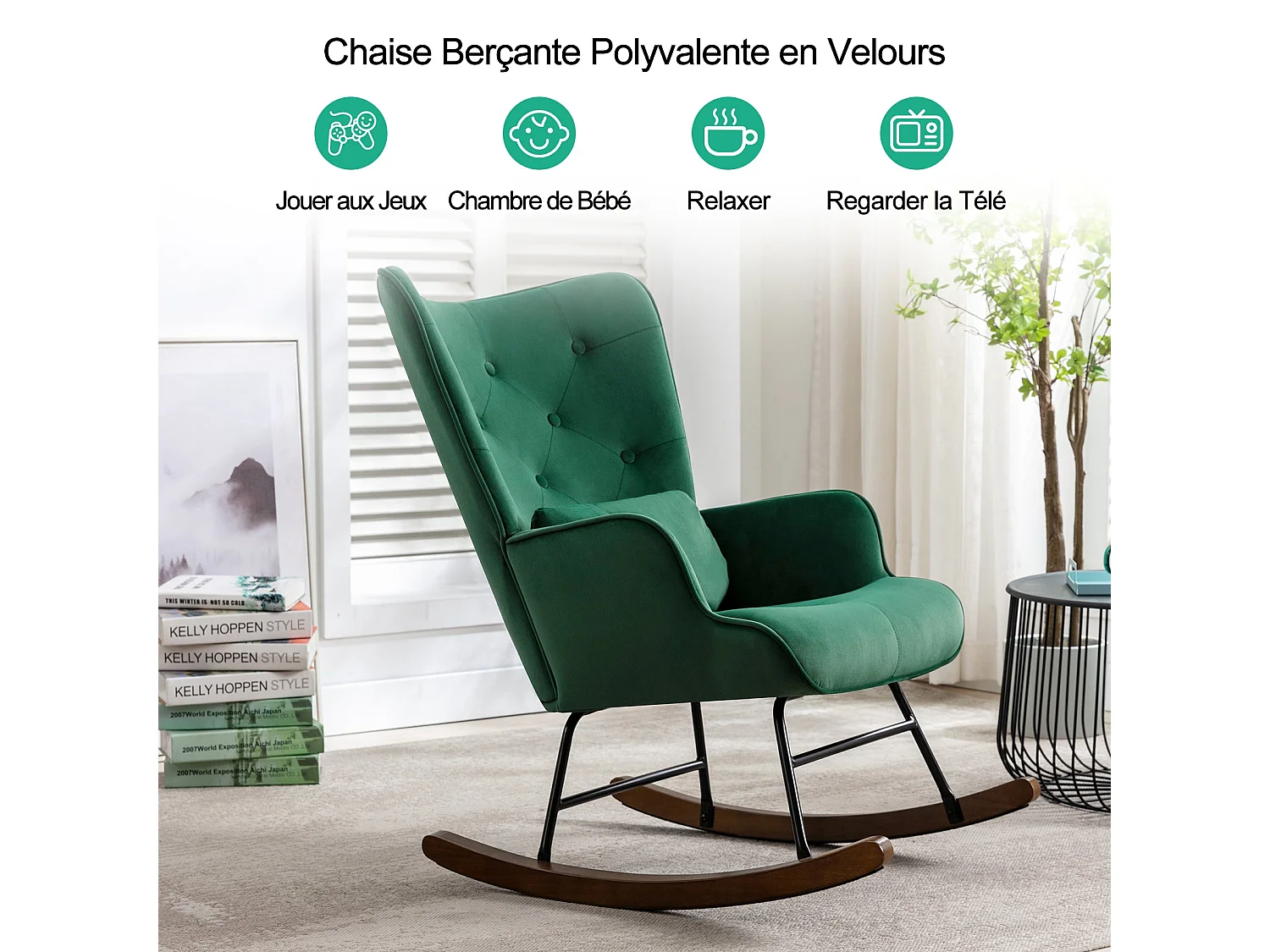 Fauteuil à Bascule  Rembourré en Velours Moderne  pour Salon, Chaise à Bascule à Dossier Haut avec Pieds en Bois, Vert Foncé