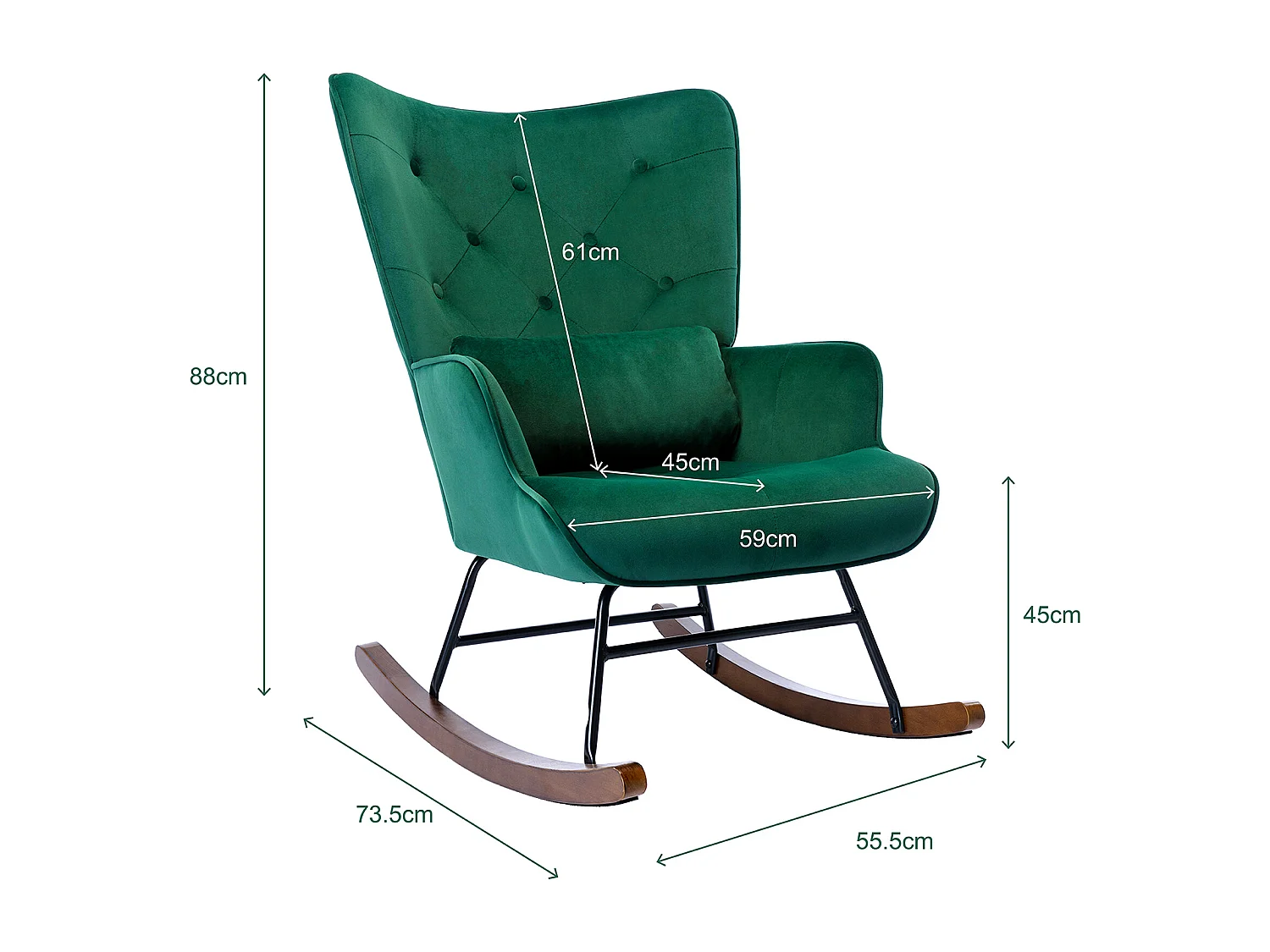 Fauteuil à Bascule  Rembourré en Velours Moderne  pour Salon, Chaise à Bascule à Dossier Haut avec Pieds en Bois, Vert Foncé