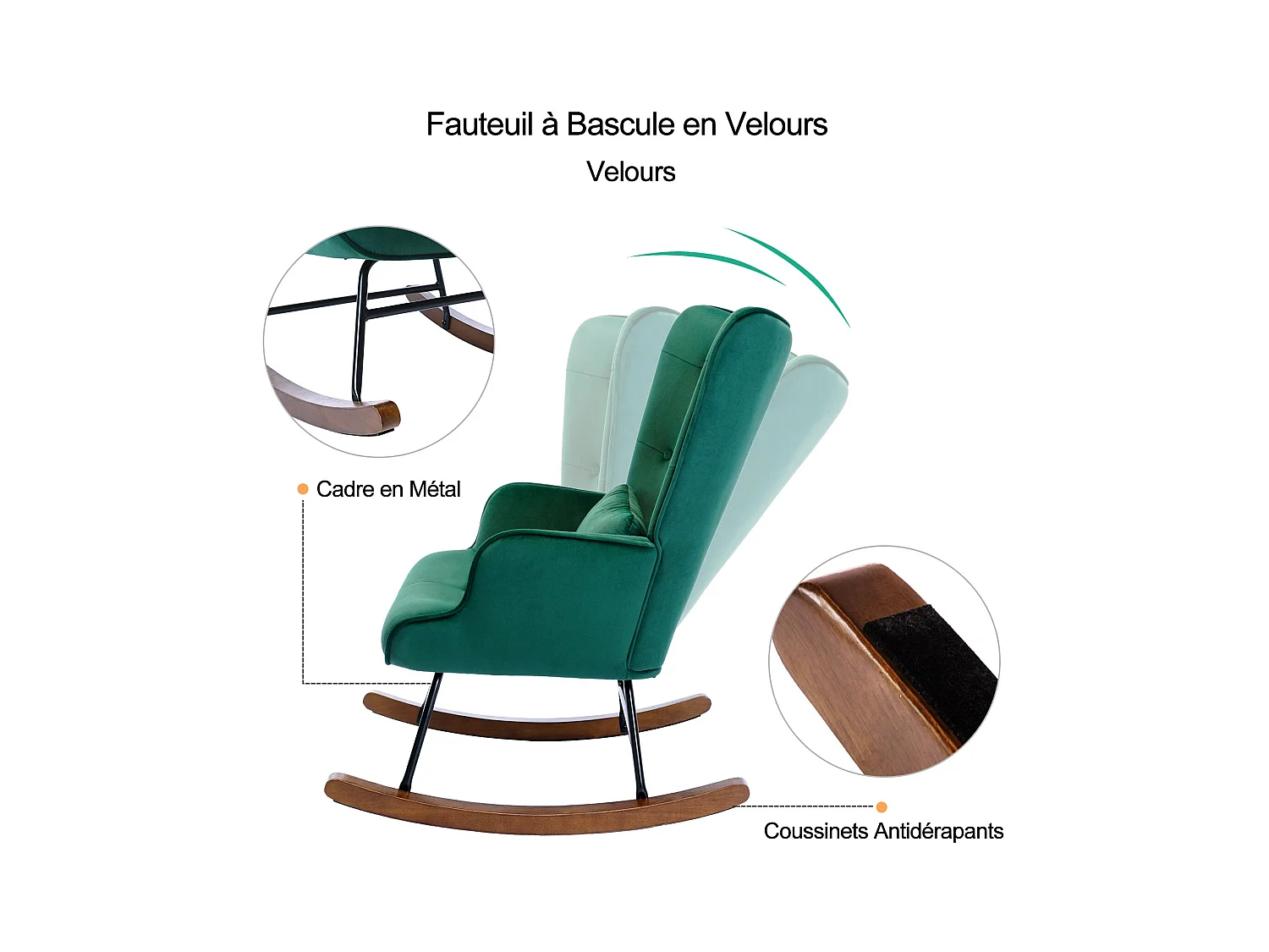 Mecedora moderna tapizada en terciopelo para sala de estar, con respaldo alto y patas de madera, color verde oscuro