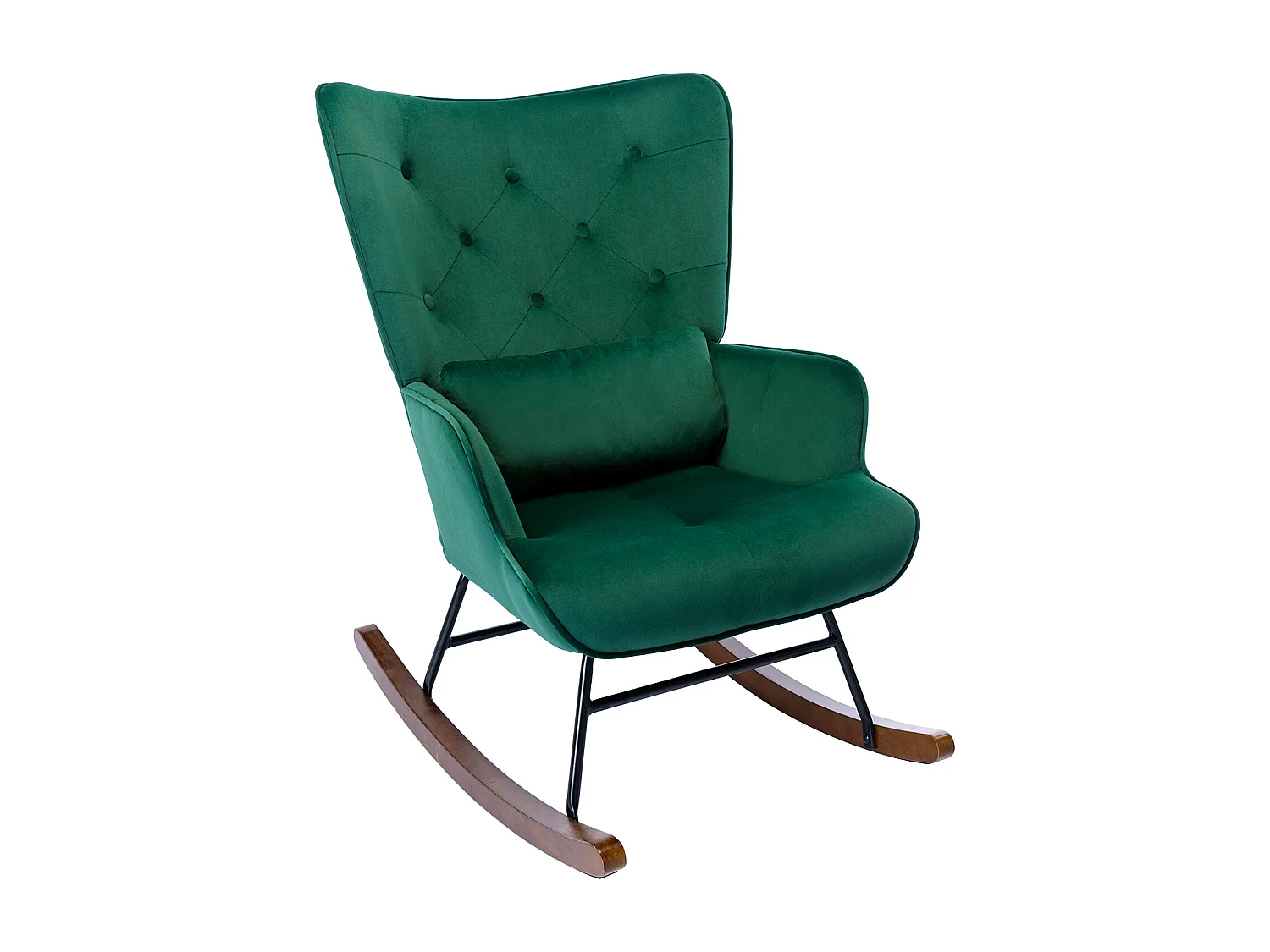 Mecedora moderna tapizada en terciopelo para sala de estar, con respaldo alto y patas de madera, color verde oscuro