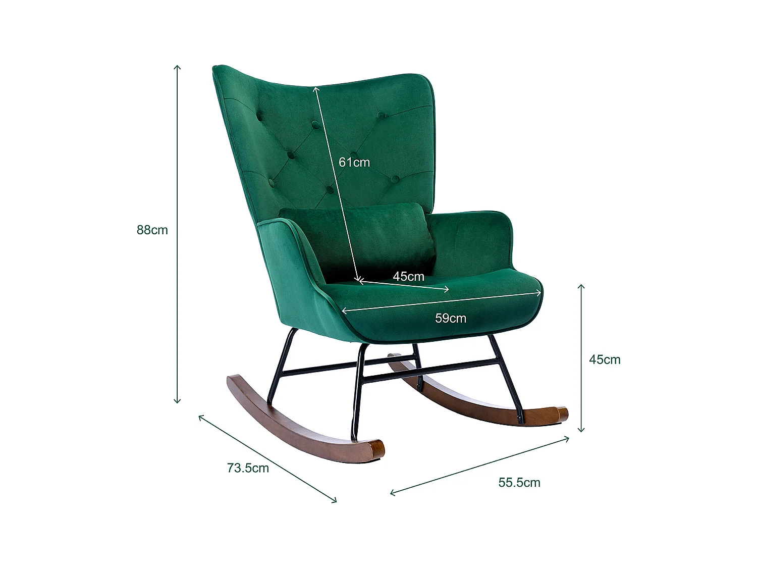 Mecedora moderna tapizada en terciopelo para sala de estar, con respaldo alto y patas de madera, color verde oscuro