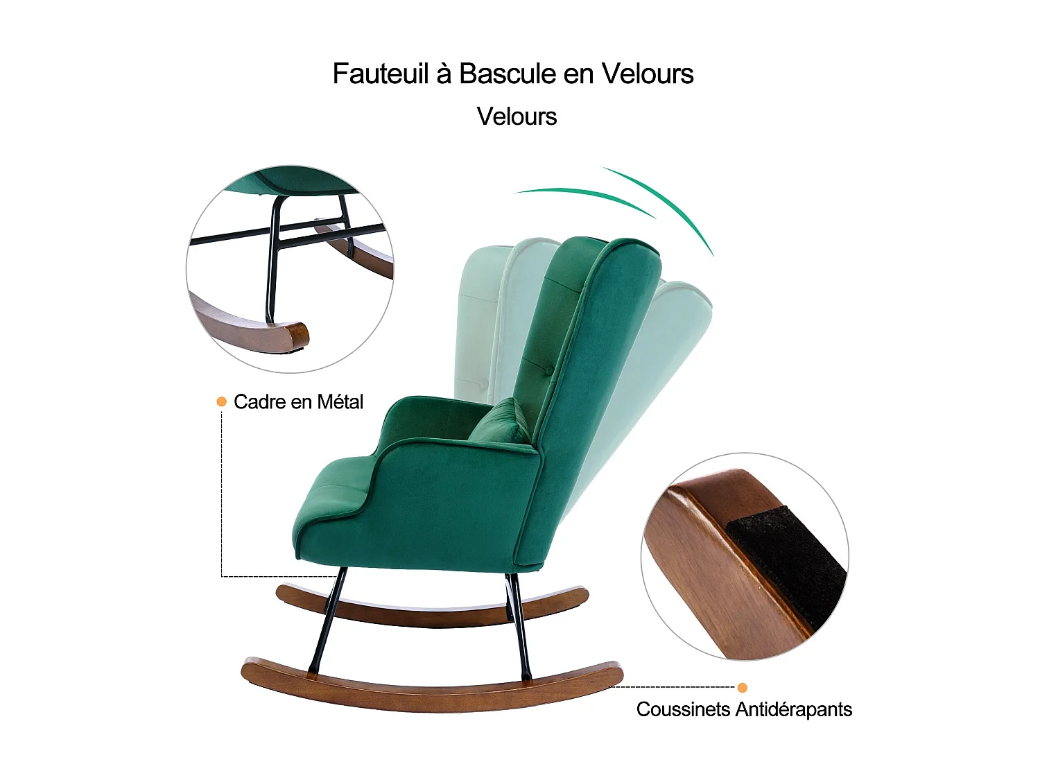 Fauteuil à Bascule  Rembourré en Velours Moderne  pour Salon, Chaise à Bascule à Dossier Haut avec Pieds en Bois, Vert Foncé