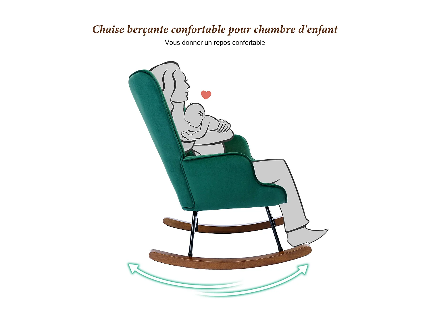 Fauteuil à Bascule  Rembourré en Velours Moderne  pour Salon, Chaise à Bascule à Dossier Haut avec Pieds en Bois, Vert Foncé