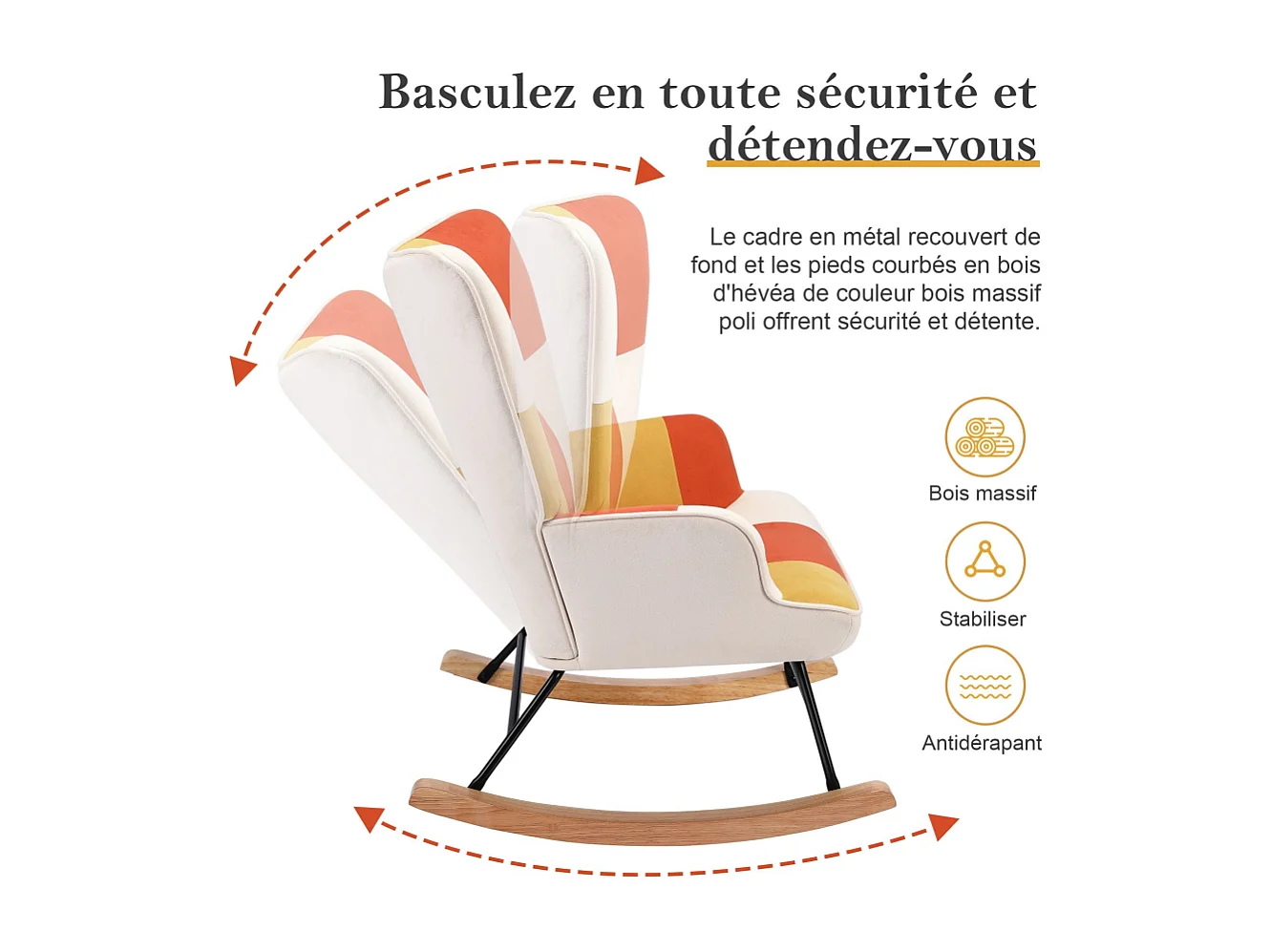 Fauteuil à bascule en patchwork pour le salon en velours avec cadre en métal et base en bois