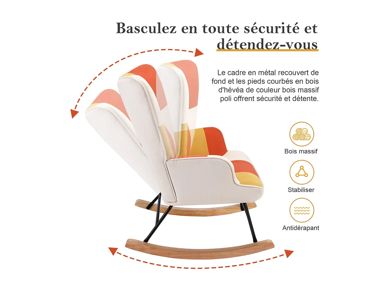 Fauteuil à bascule en patchwork pour le salon en velours avec cadre en métal et base en bois