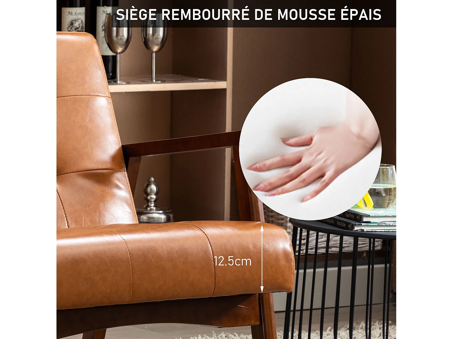 Sillón de Madera Maciza con Diseño Escandinavo Moderno - Cuero Natural Hipoalergénico Gris para Salón, Oficina o Dormitorio, Dimensiones 67x76x76 cm